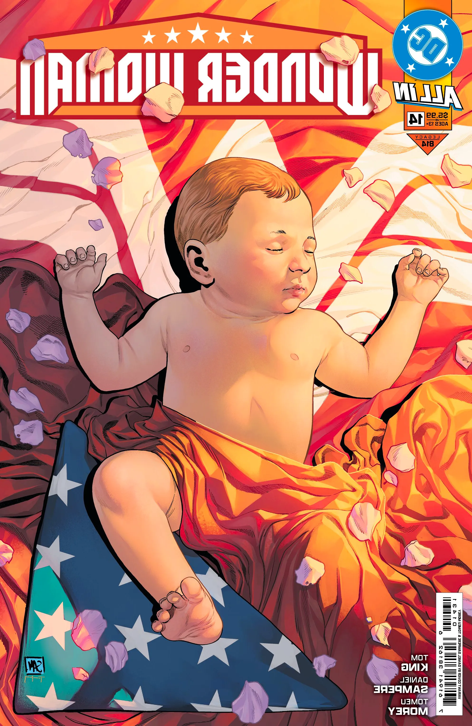 Comic book cover: a newborn baby lays on a Wonder Woman flag and a folded American flag. Image