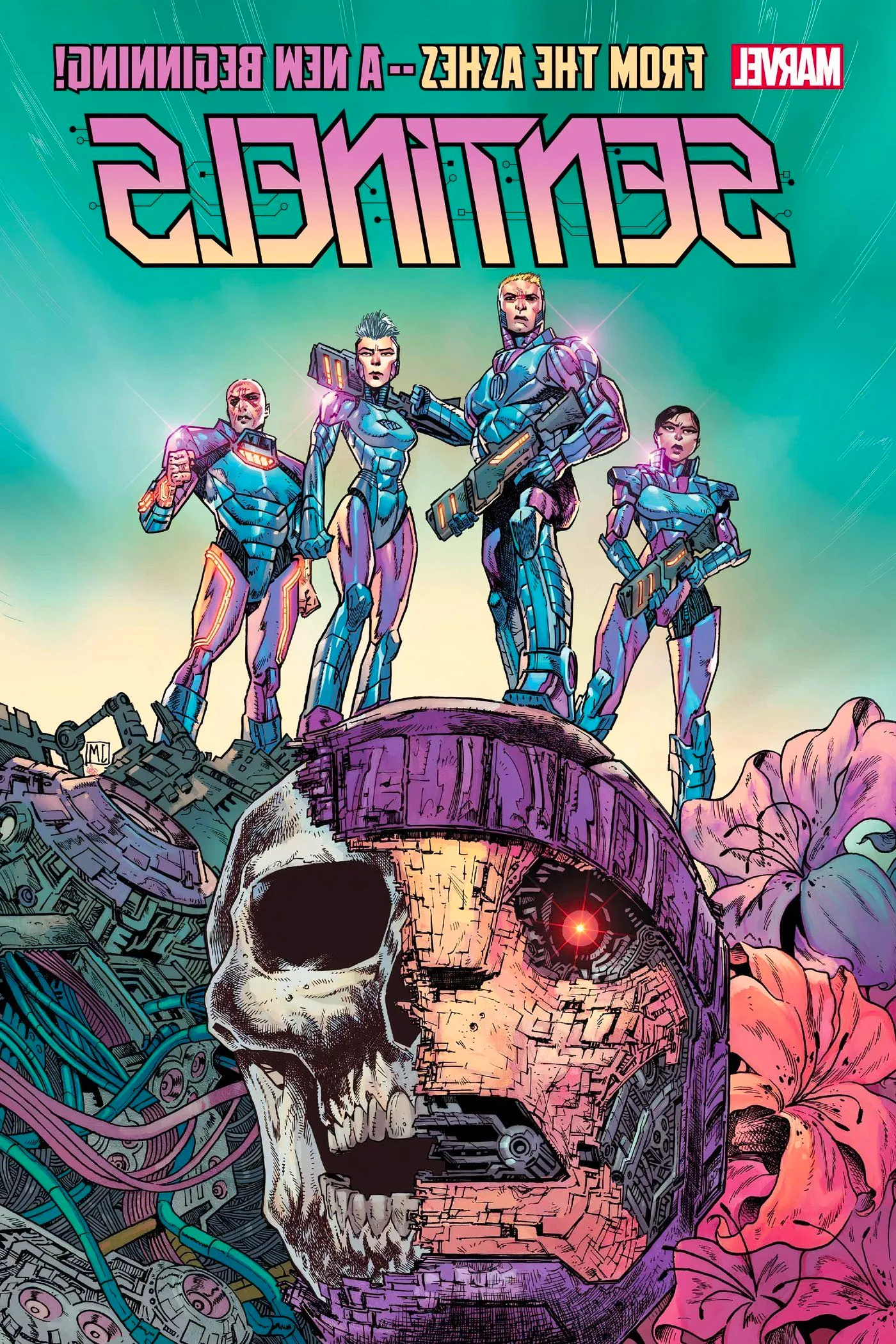 Comic book cover: a team in purple and blue armor stands on top of a broken down Sentinel head. Image