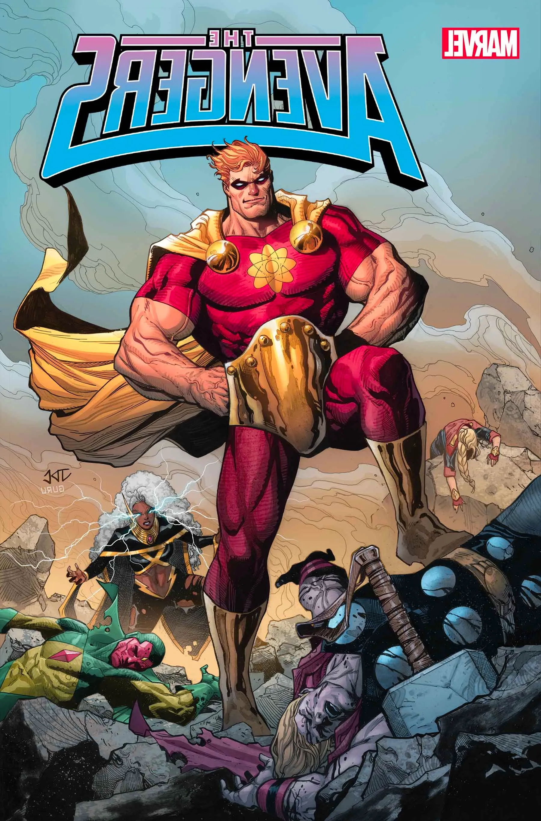 Comic book cover: a victorious Hyperion stands over the broken body of Thor, as Storm looks on in shock. Image