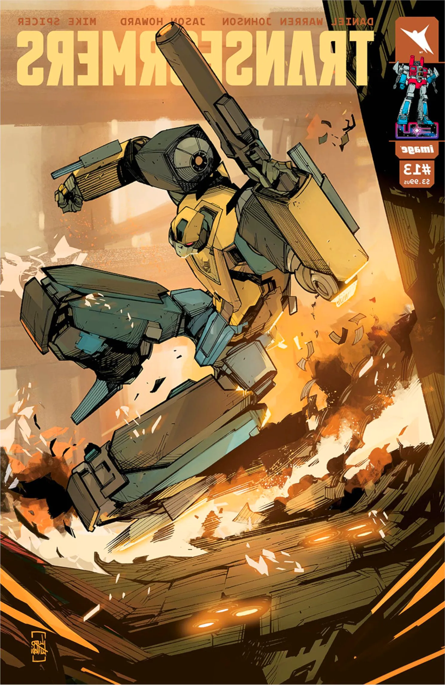 Comic book cover: a yellow and grey Transformer slides into battle. Image