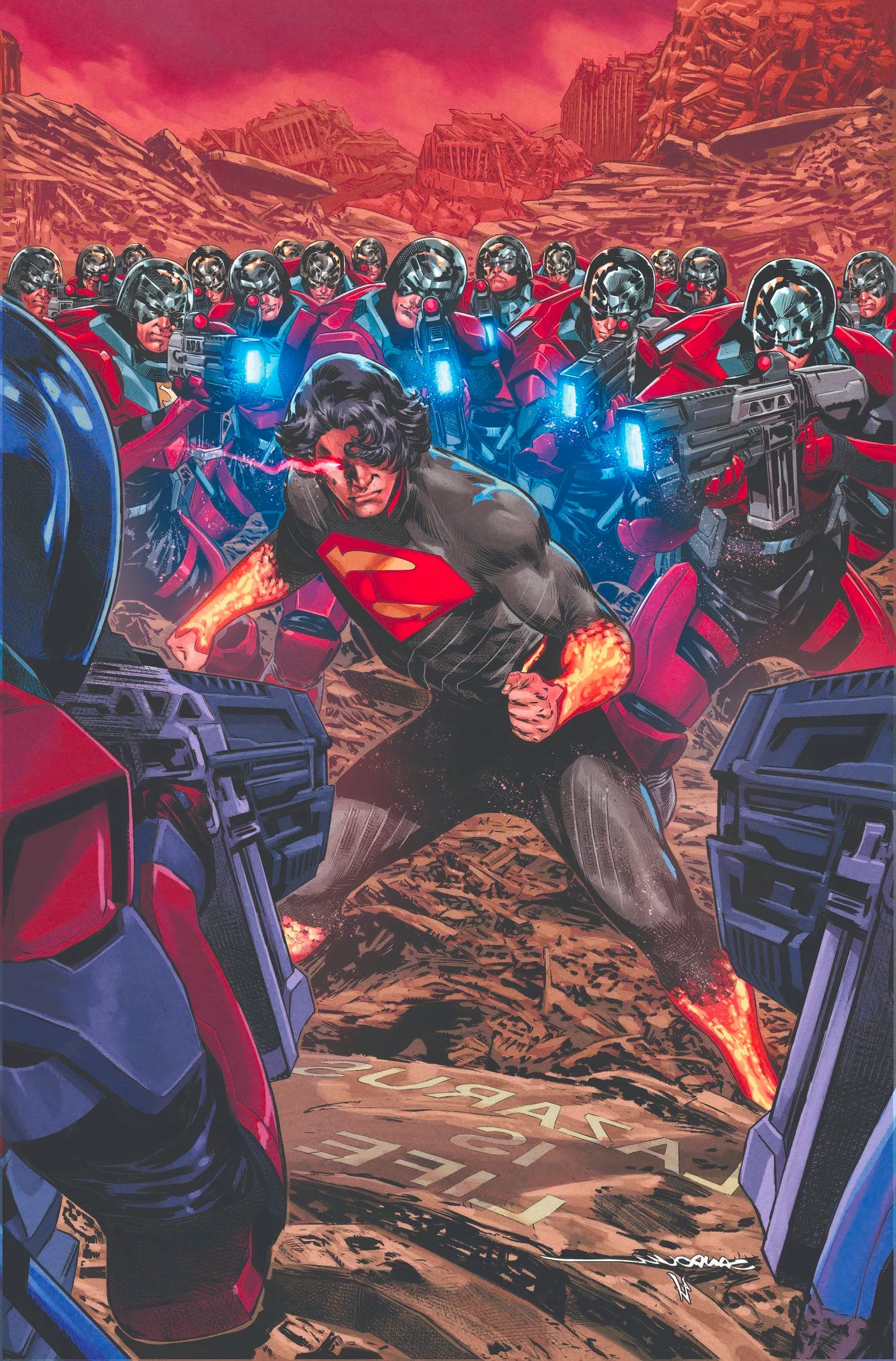 Comic book cover: Absolute Superman is surrounded by a Peacemaker army. Image