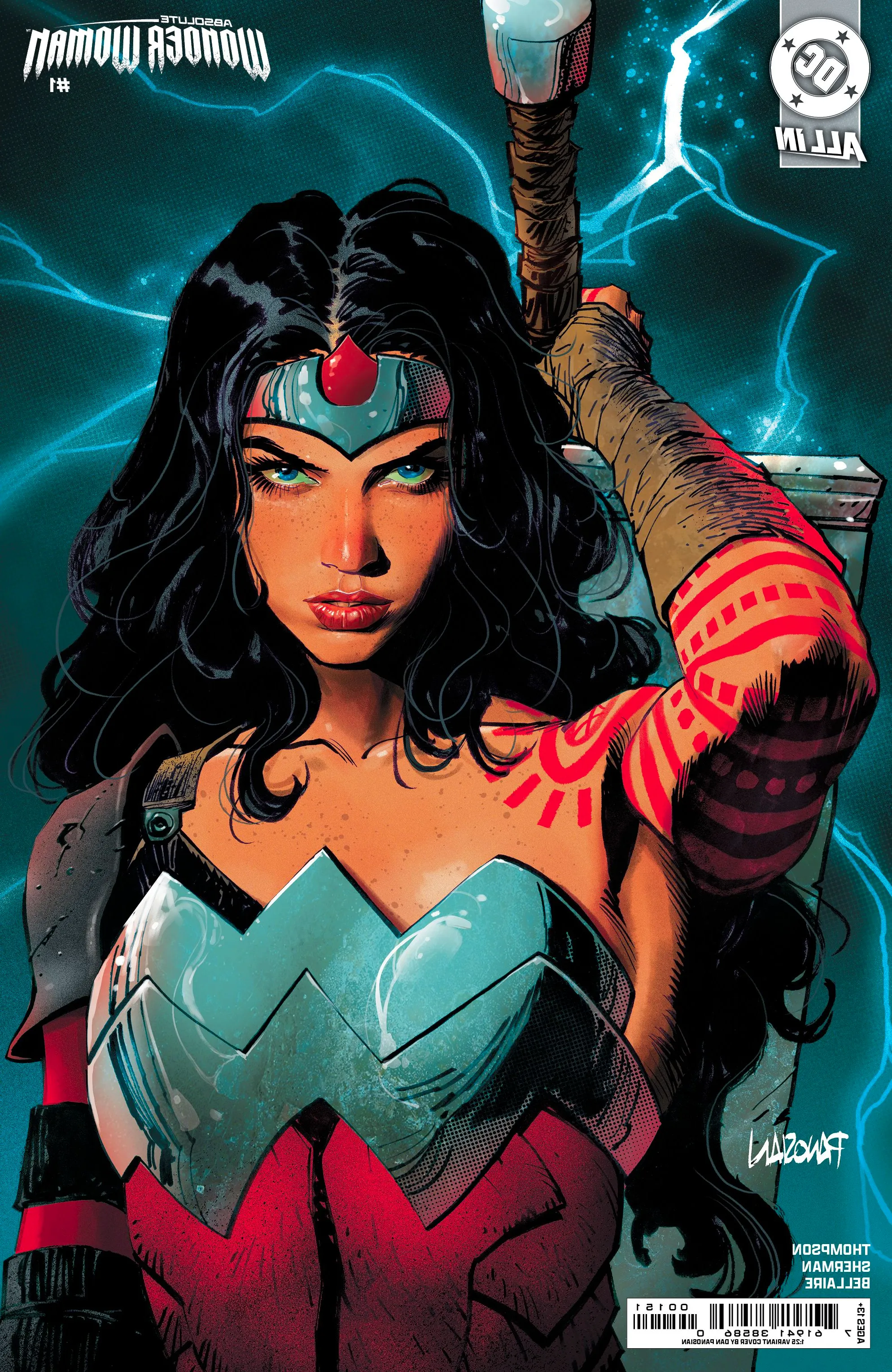 Comic book cover: Absolute Wonder Woman look seriously as the reader while holding her sword behind her back. Image