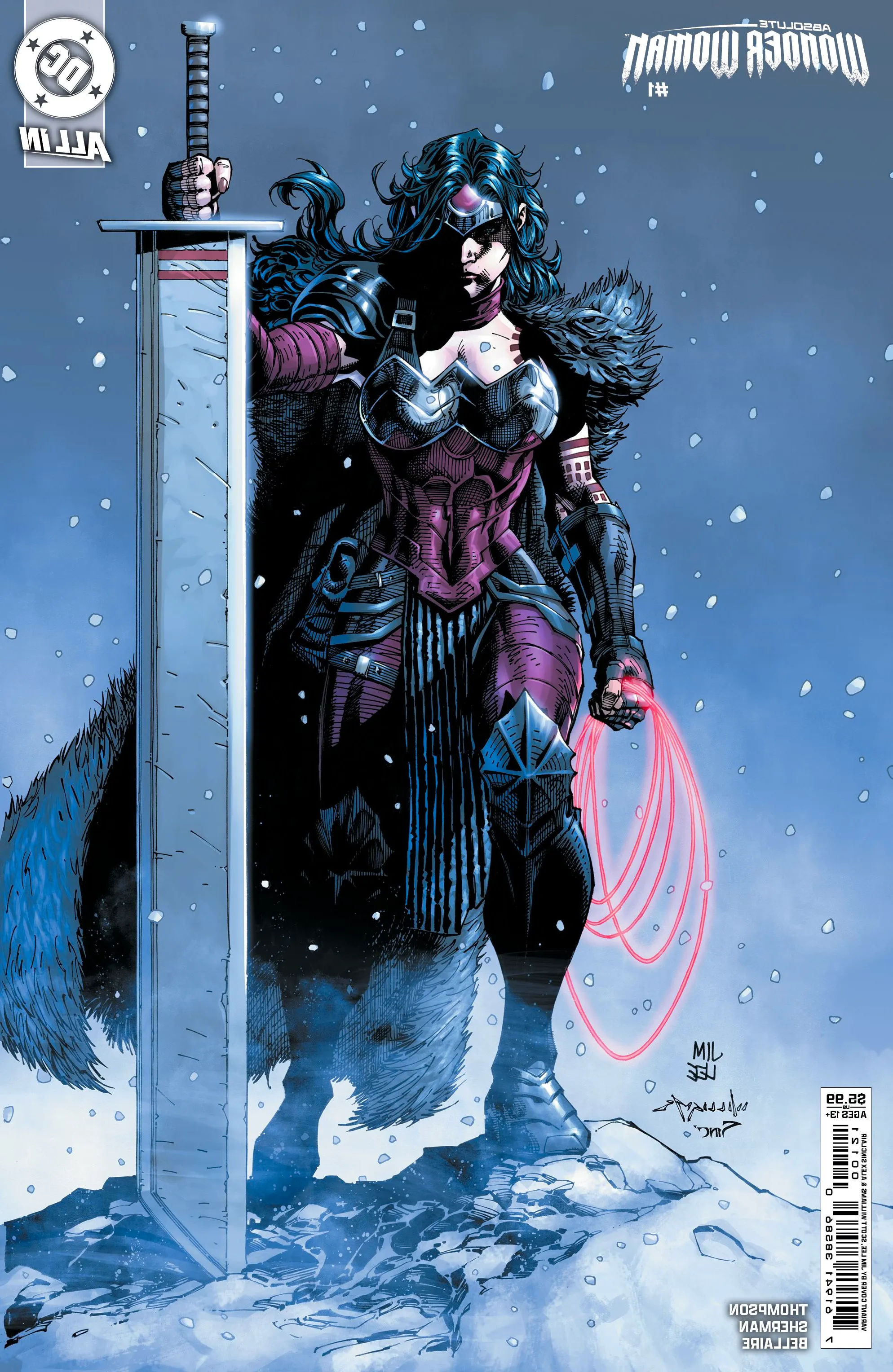 Comic book cover: Absolute Wonder Woman standing in snow with her person-sized sword. Image