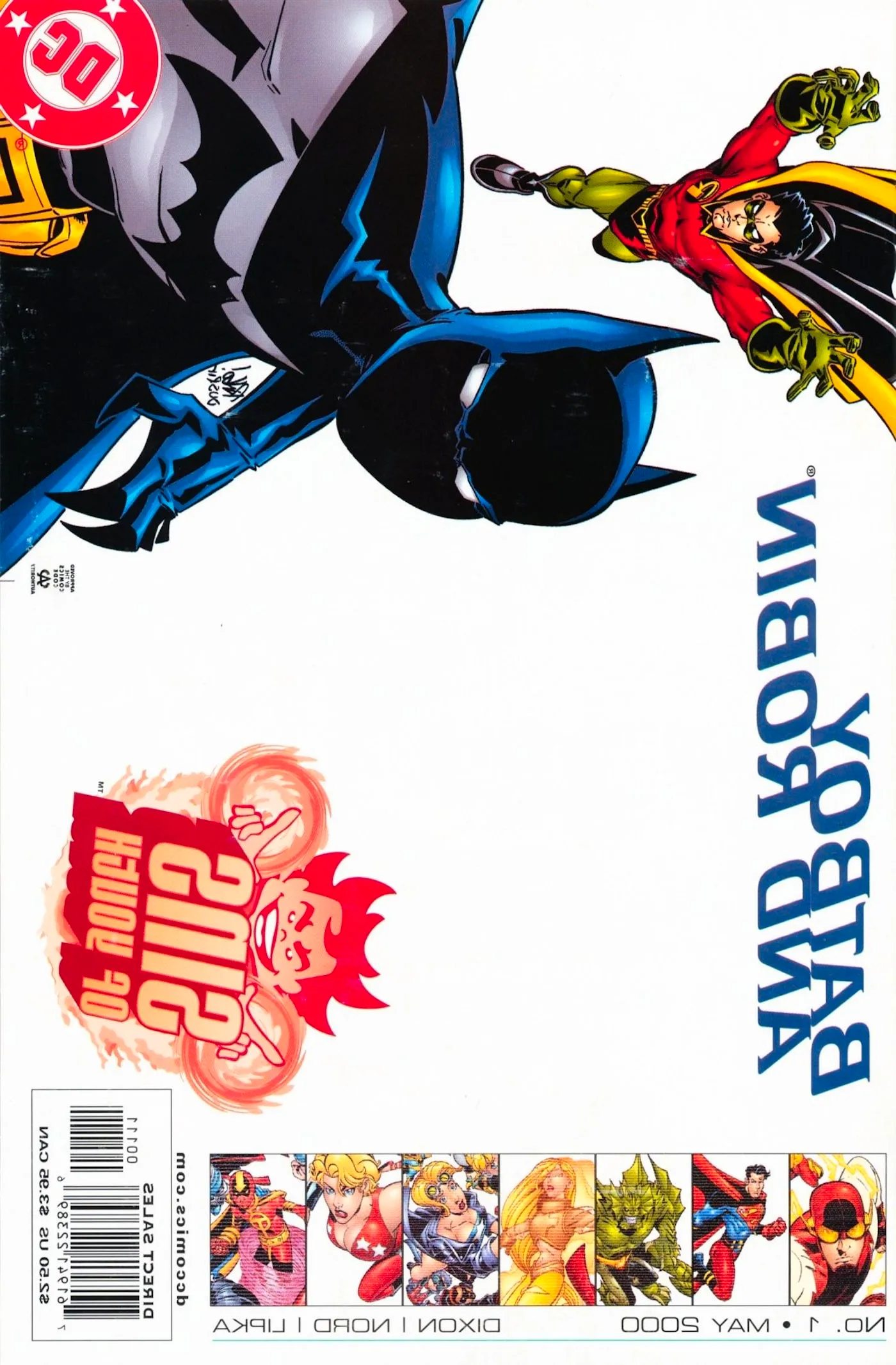 Comic book cover: and adult Robin and Batboy leap forward on a white background. Image