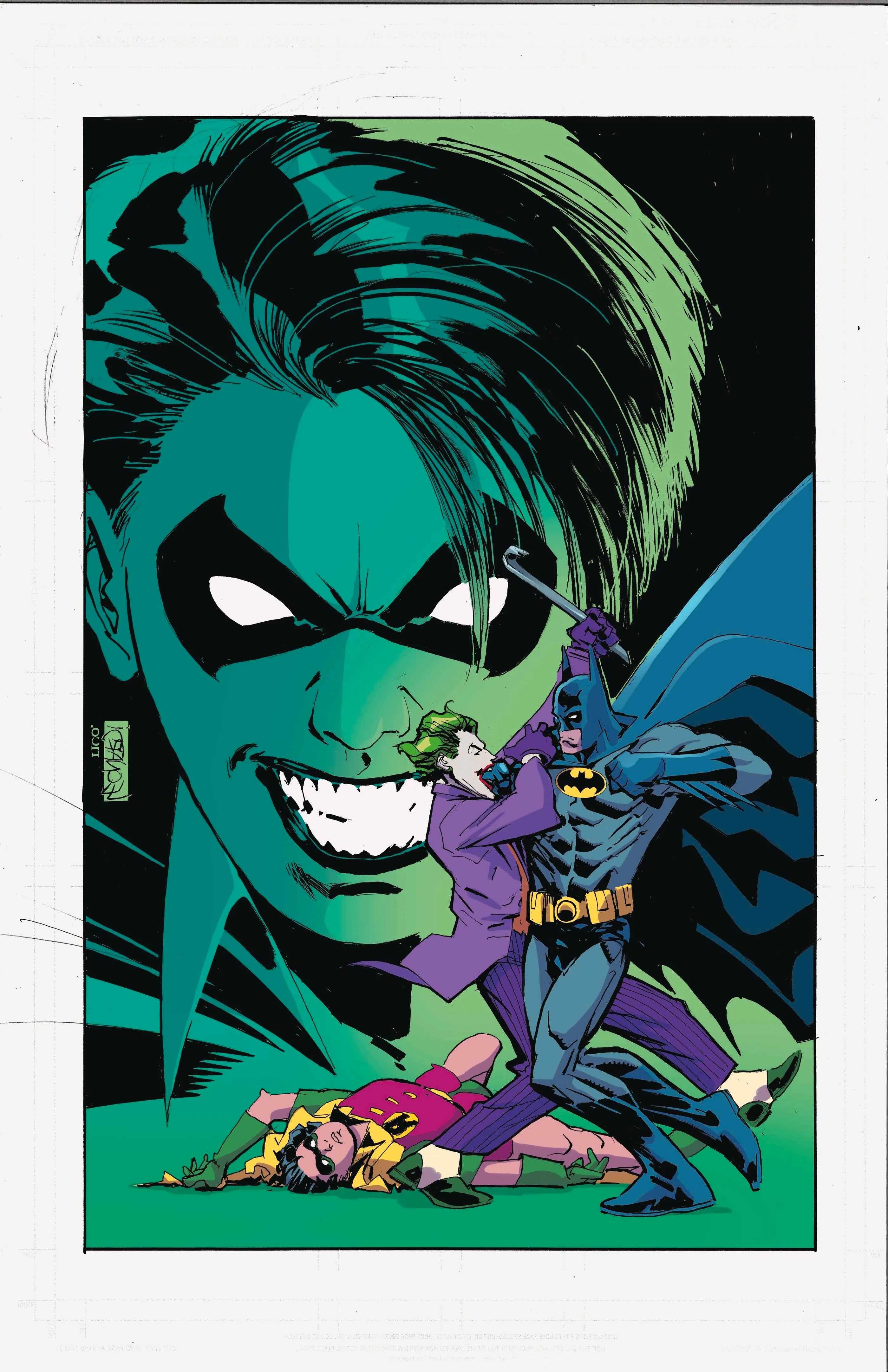 Comic book cover: Batman and the Joker fight with a grinning Robin in the background. Image