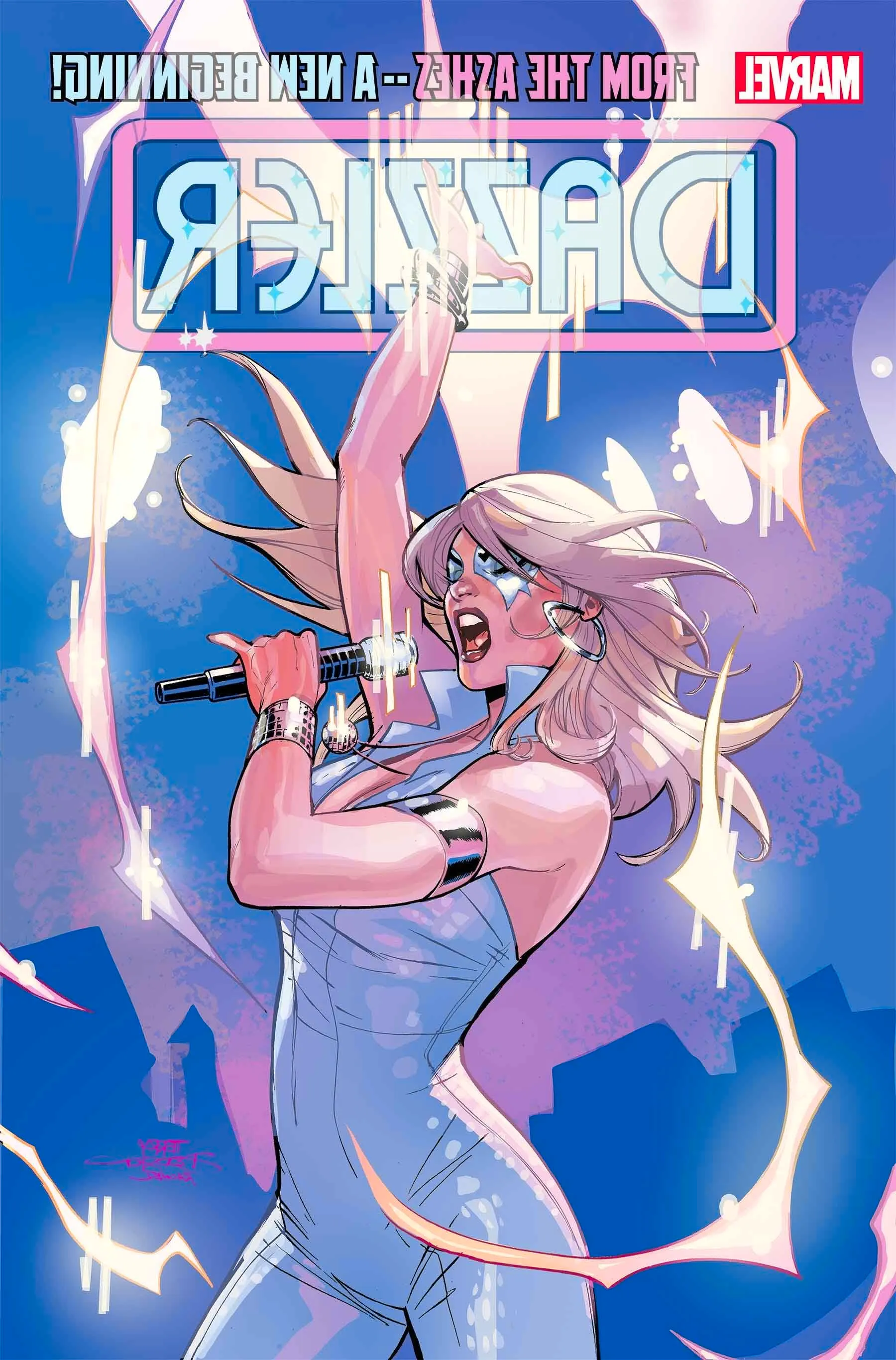 Comic book cover: Dazzler singing into a microphone with her hand up, lights flying around her. Image