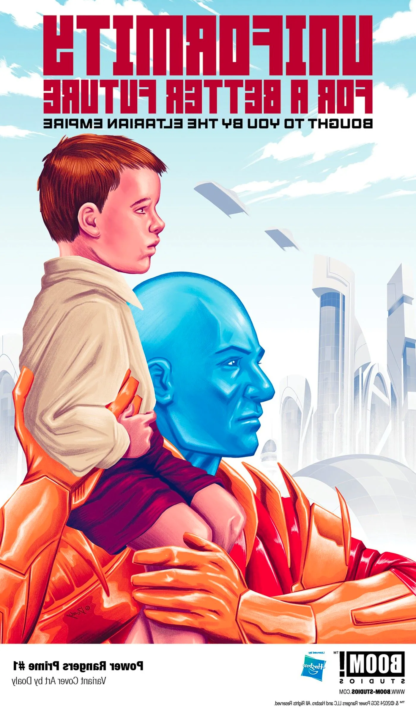 Comic book cover: Eltar propaganda featuring Eltarian warrior Zordon with a child on his shoulder. Image