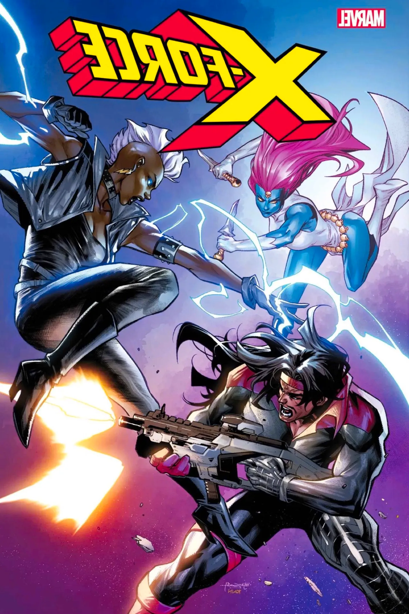 Comic book cover: Forge, Storm, and Mystique doing battle. Image