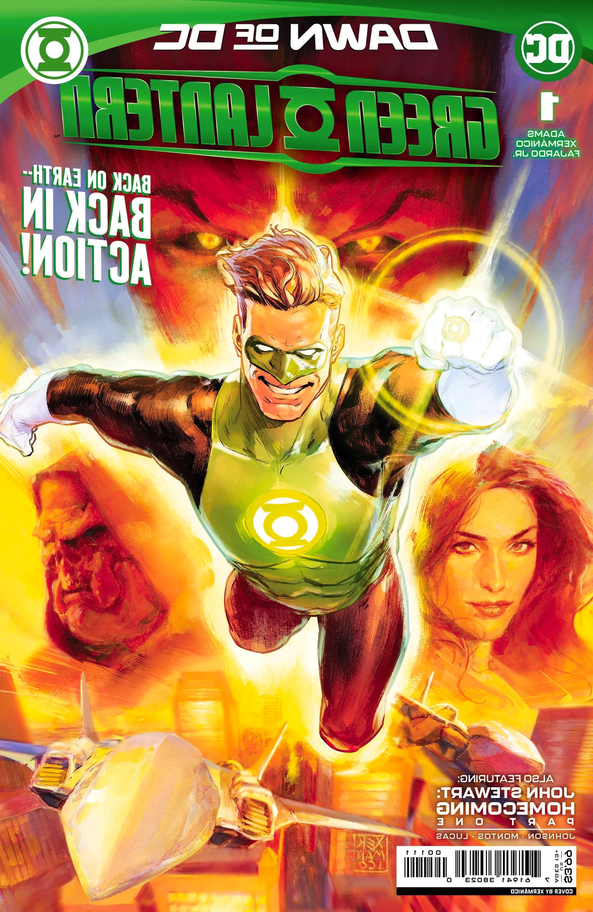 Comic book cover: Green Lantern Hal Jordan flies forward. Behind him are collaged images of Carol Ferris and Kilowog. Image