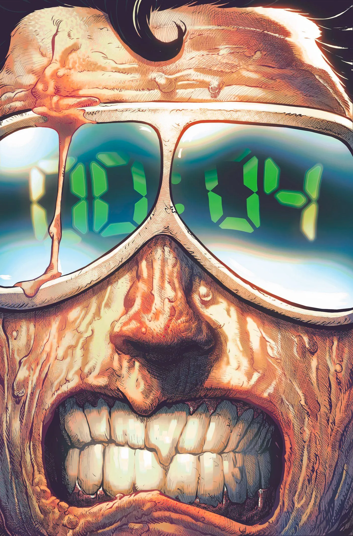 Comic book cover: Plastic Man grimaces as a countdown is reflected in his white goggles. Image