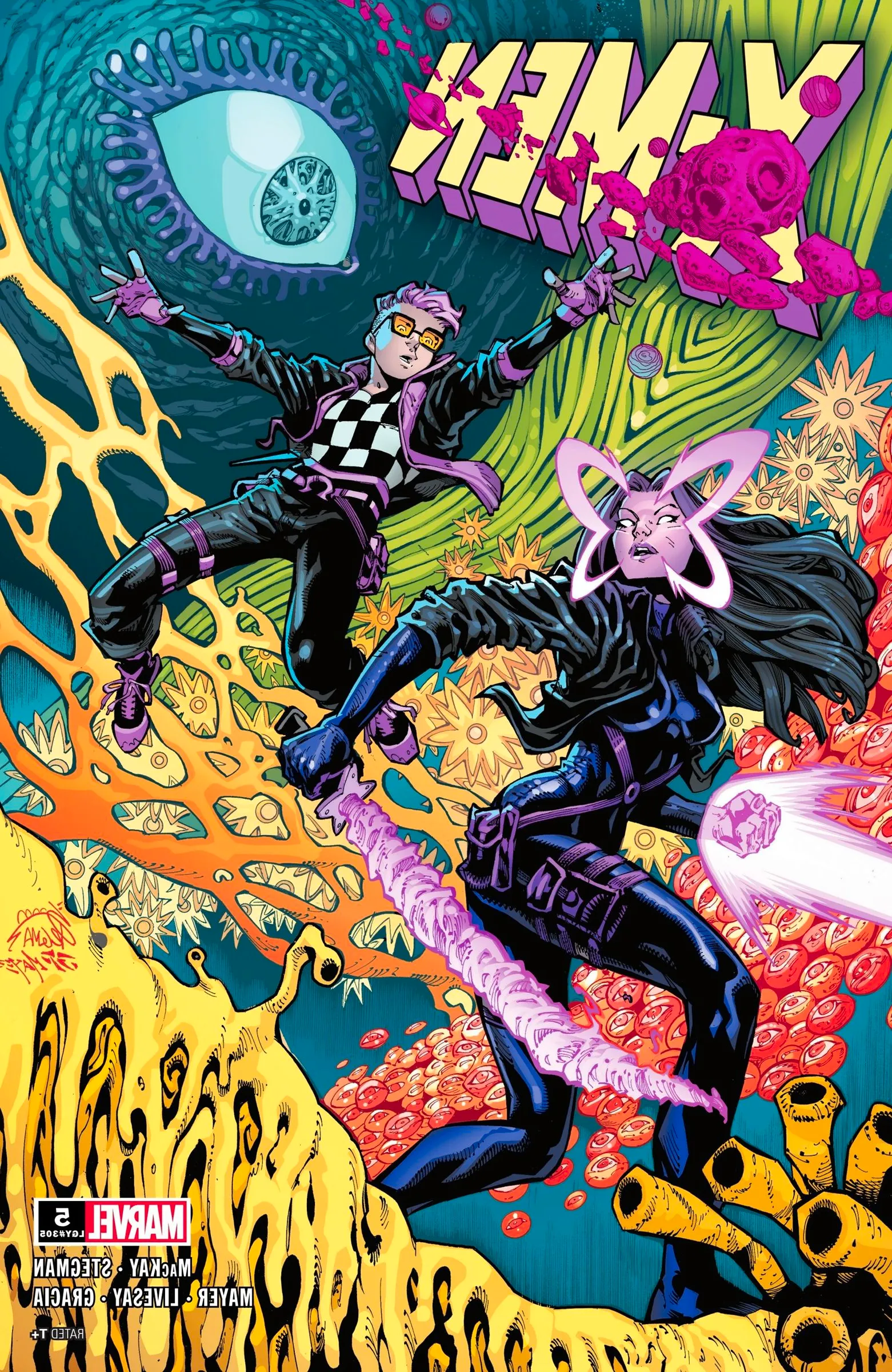 Comic book cover: Psylocke and Kid Omega in front of a giant eye. Image