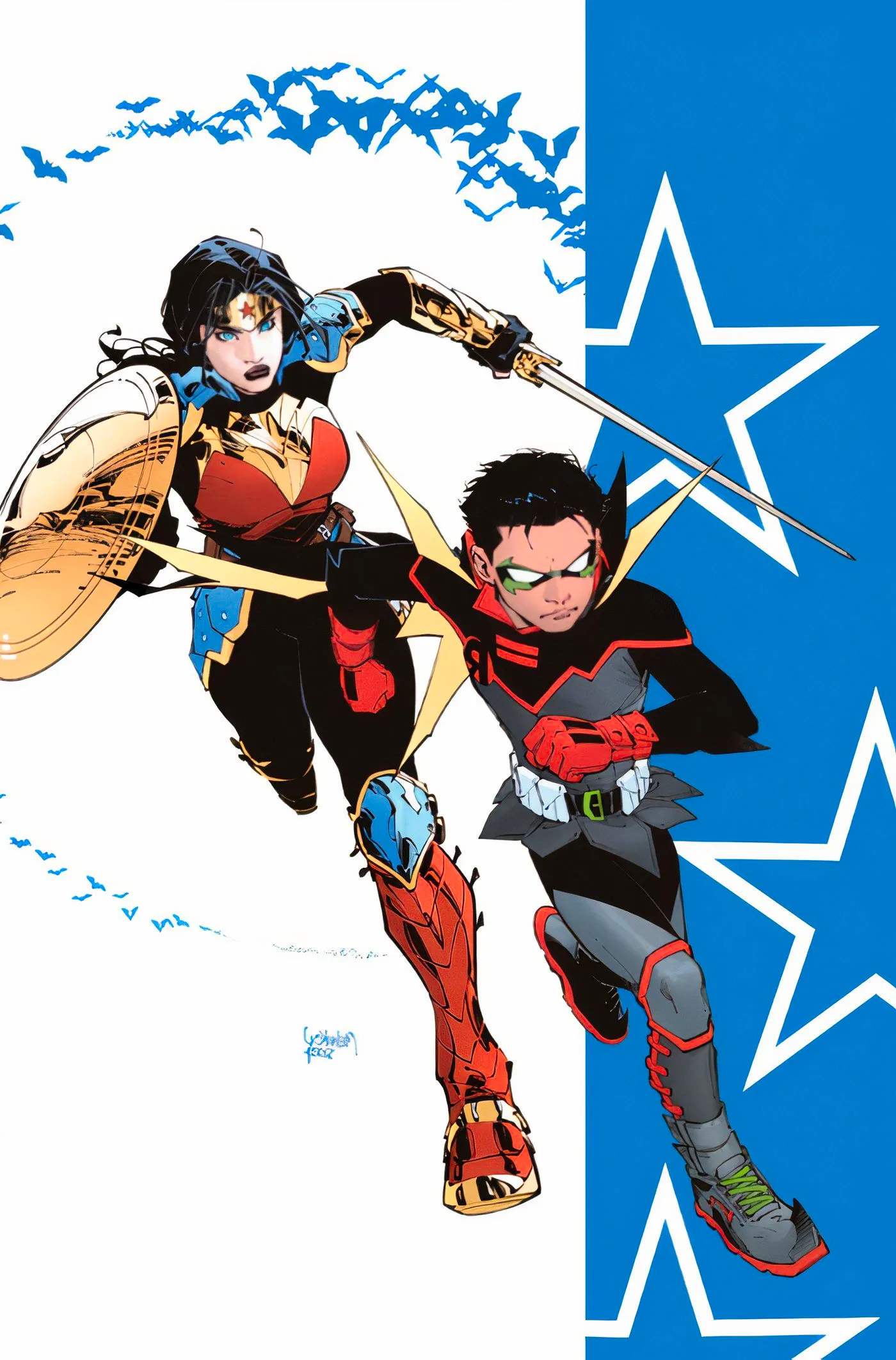 Comic book cover: Robin Damian Wayne runs in front of Wonder Woman. Image