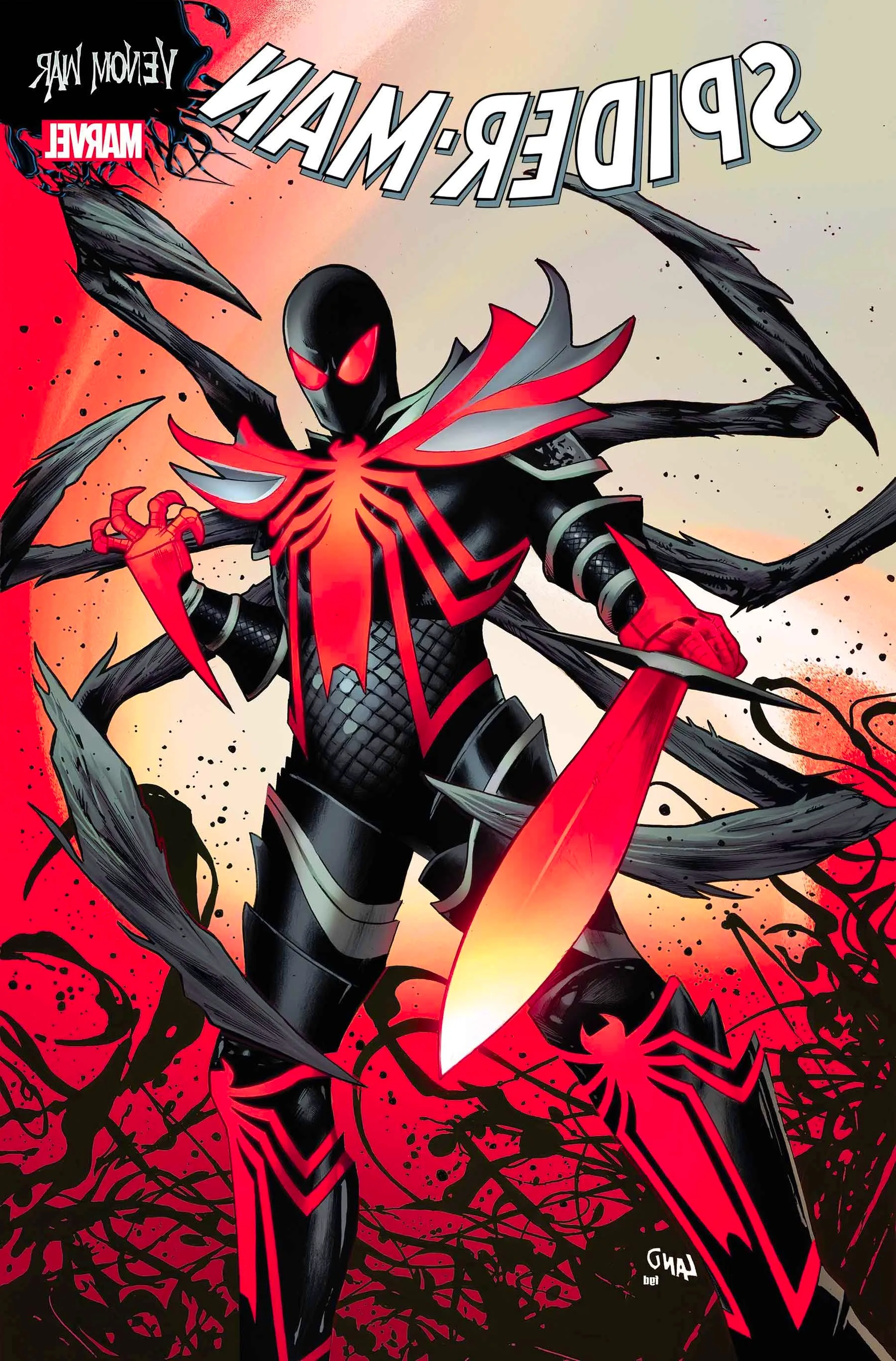 Comic book cover: Spider-Man as King in Black in Venom War holding a large red sword. Image