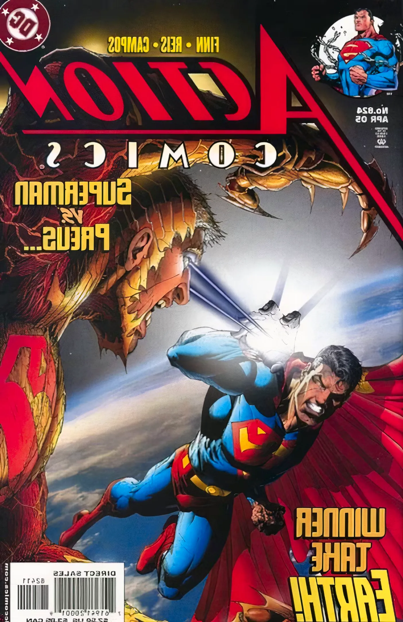 Comic book cover: Superman battles Preus, who uses black light energy instead of heat vision. Image