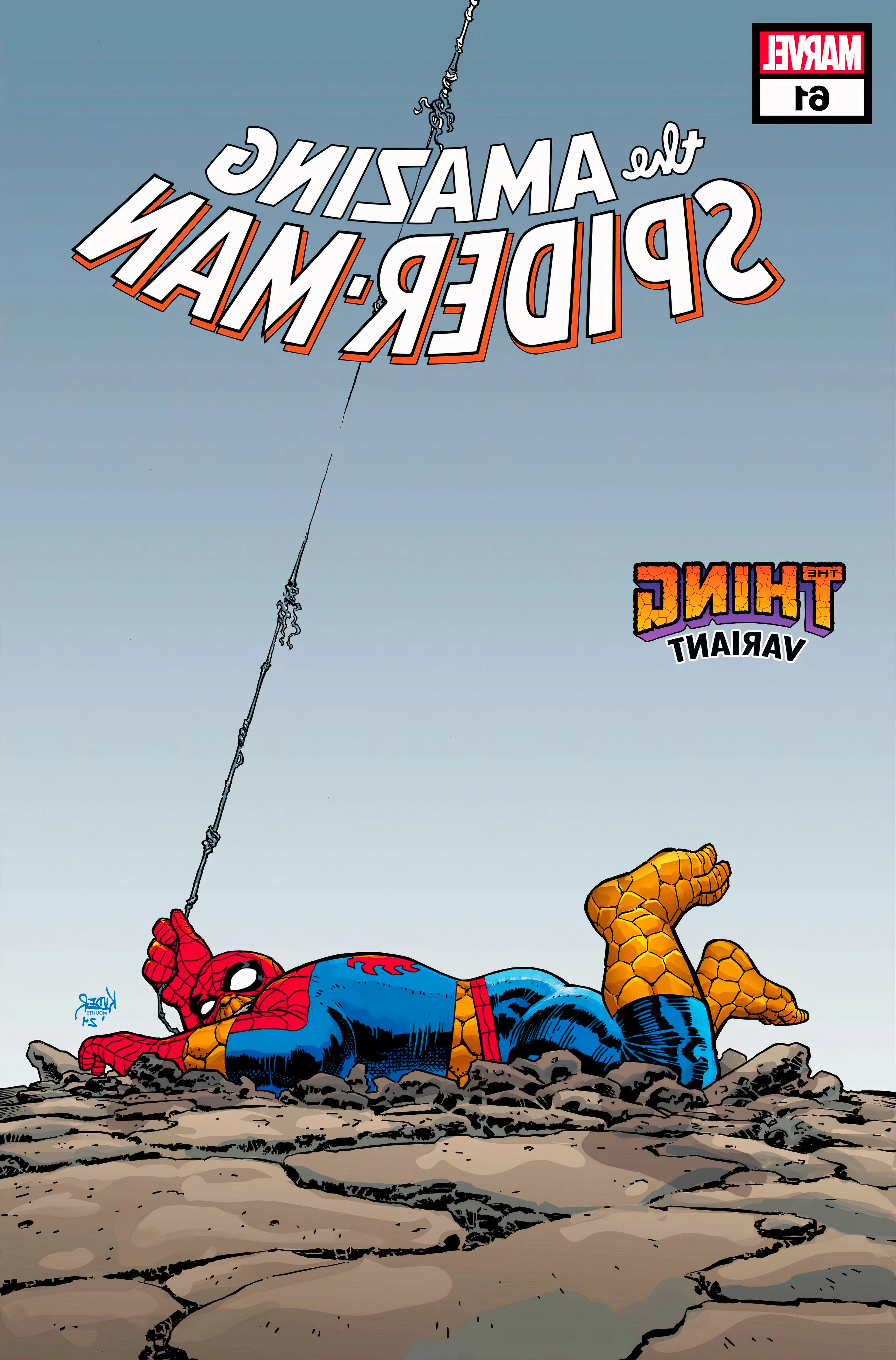 Comic book cover: the Thing crashes to the ground, dress as Spider-Man and unable to use a websling. Image