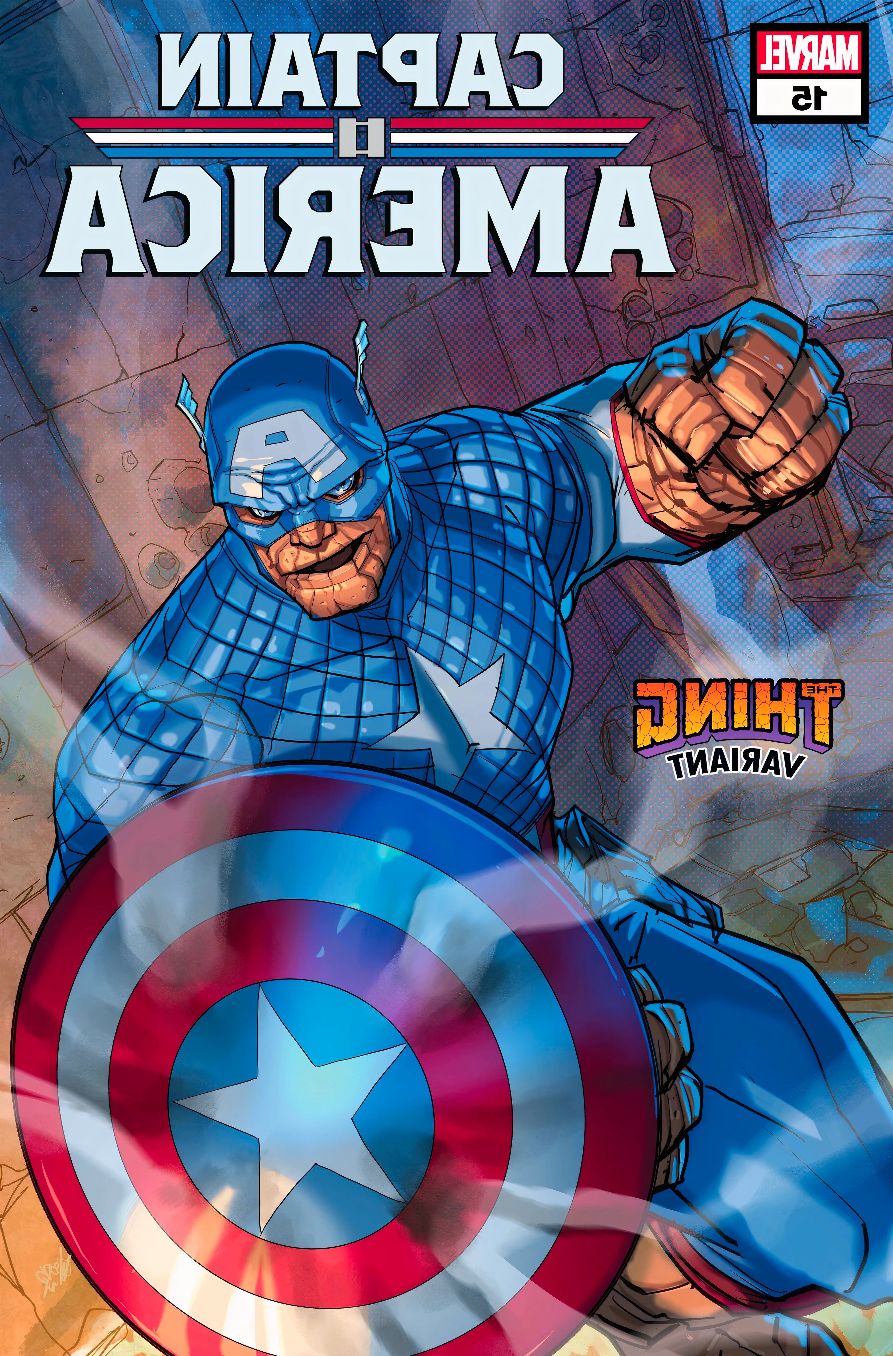 Comic book cover: the Thing wearing a Captain America costume, including the shield. Image