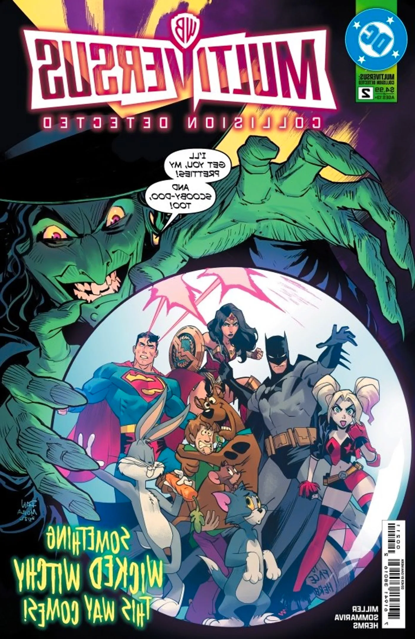 Comic book cover: the Wicked Witch of the West holds heroes from the DC Universe, the Scooby Doo Universe, and the Looney Toons in her crystal ball. Image