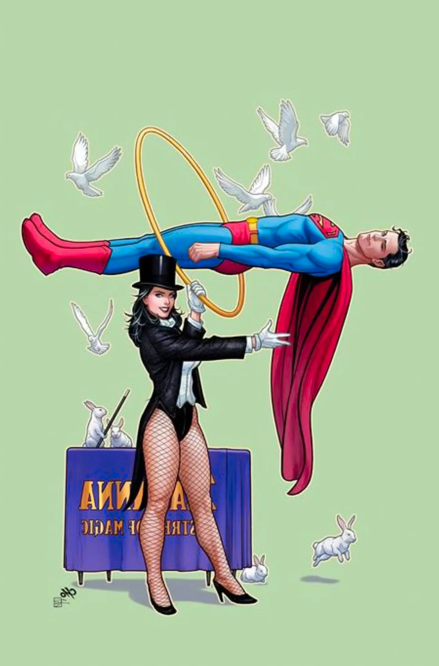 Comic book cover: Zatanna levitates Superman using magic. Image