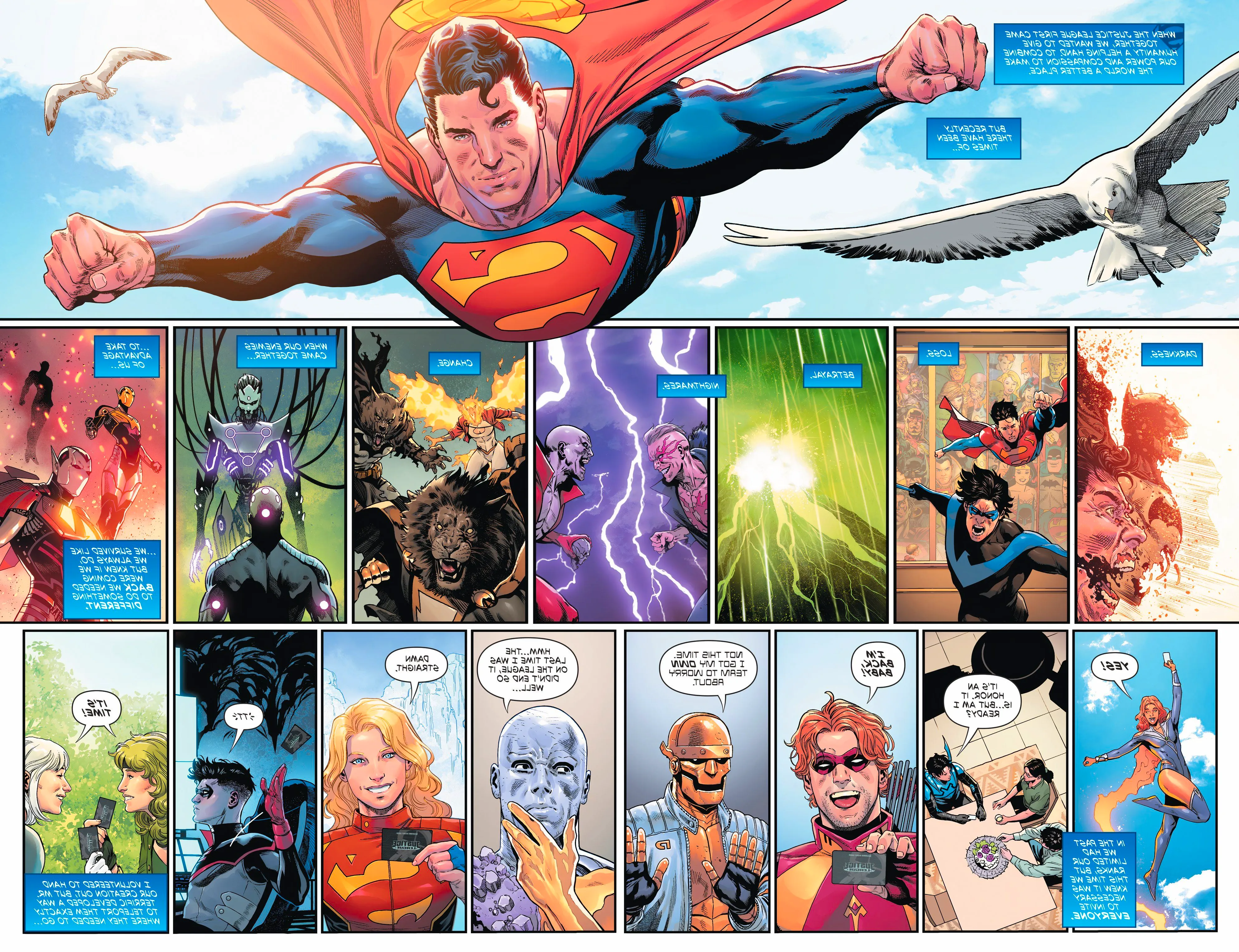 Comic book double page: Superman hands out Justice League ID cards underneath a series of panels explaining recent DC events. Image