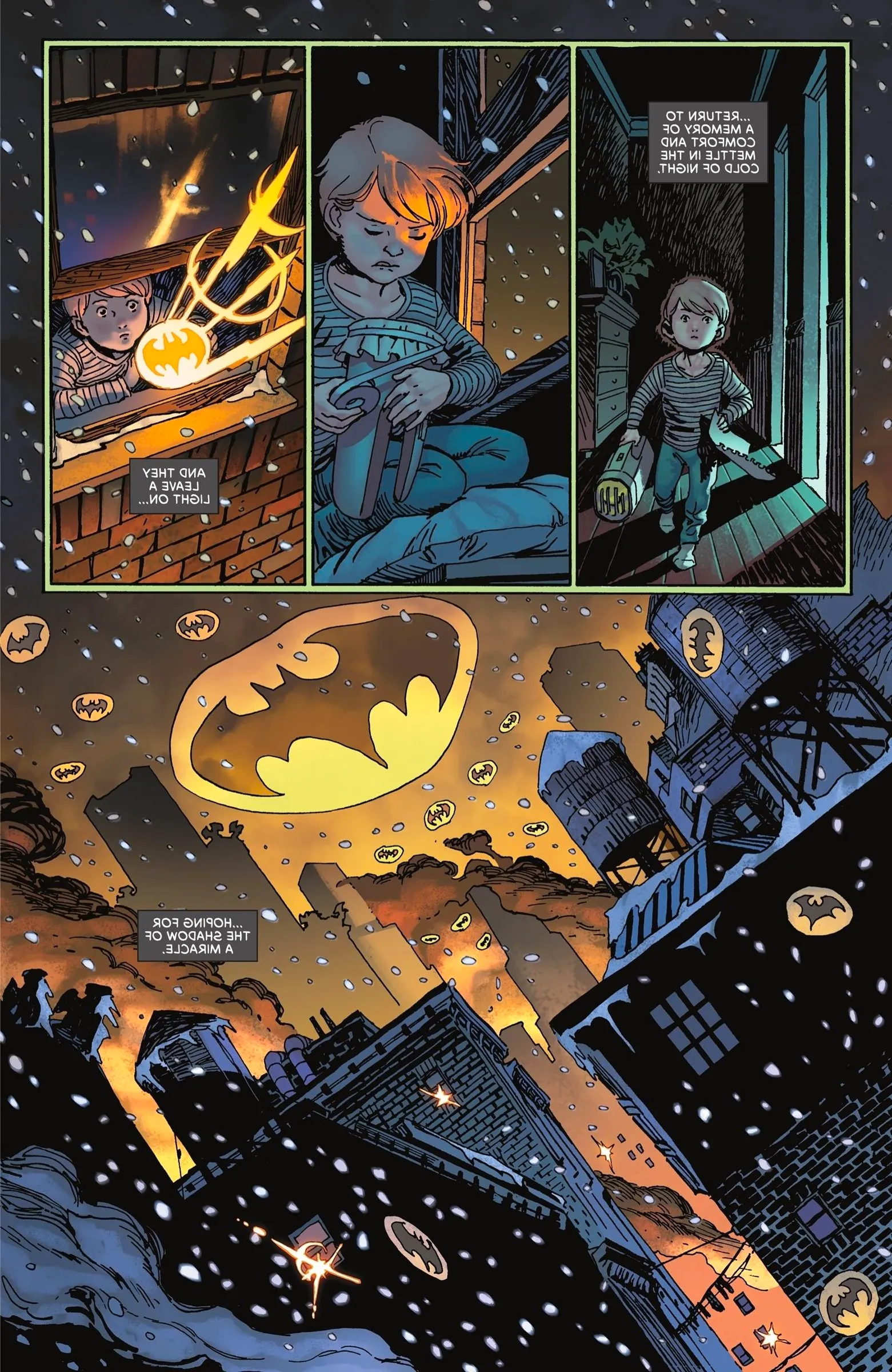 Comic book page: a child shines a Bat-Signal in a sky full of signals in Gotham. Image