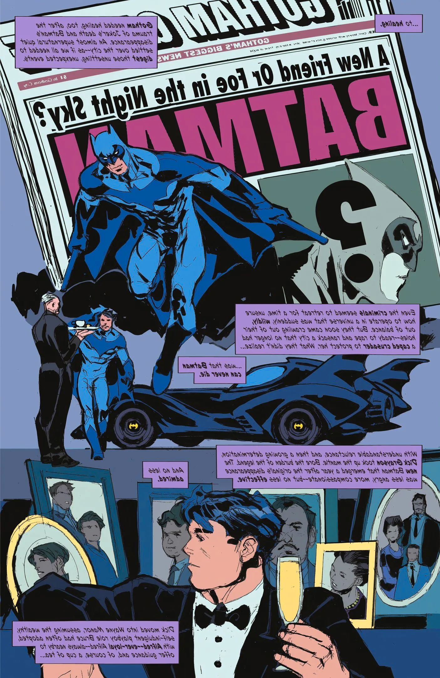 Comic book page: a collage of Dick Grayson's life as Batman, including a new blue Batsuit. Image