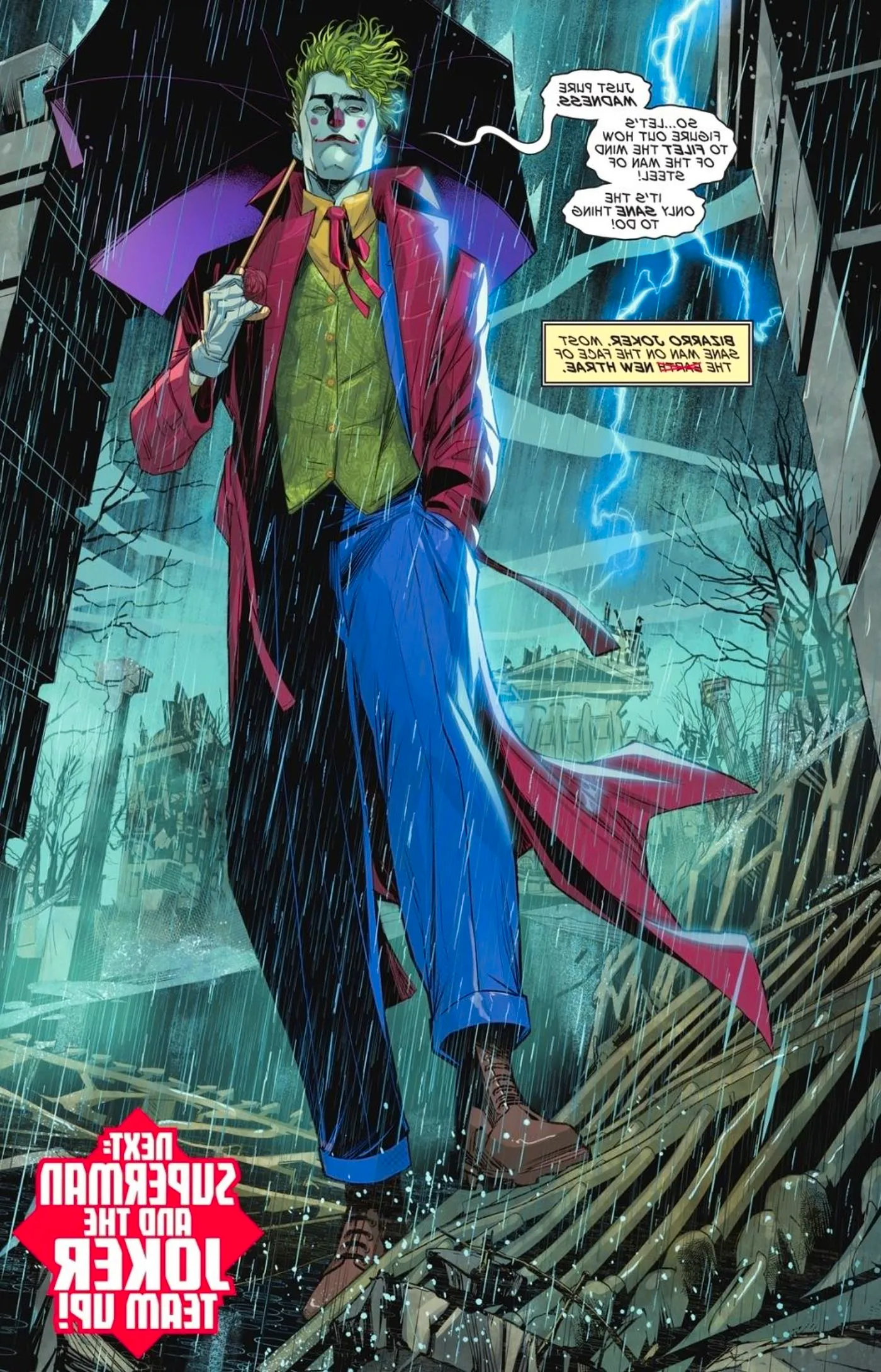 Comic book page: a sane version of the Joker who has been affected by Bizarro magic. Image