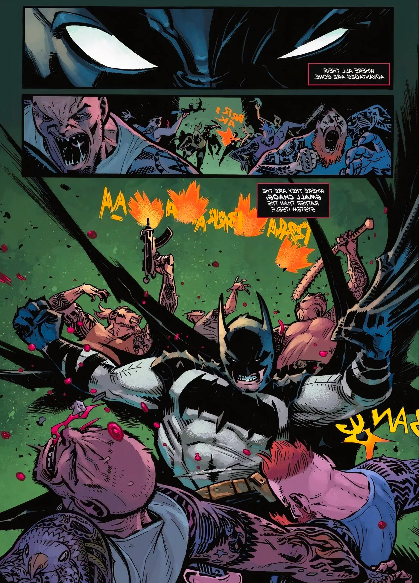 Comic book page: Absolute Batman makes his first appearance as he fights off a mob with his cape. Image