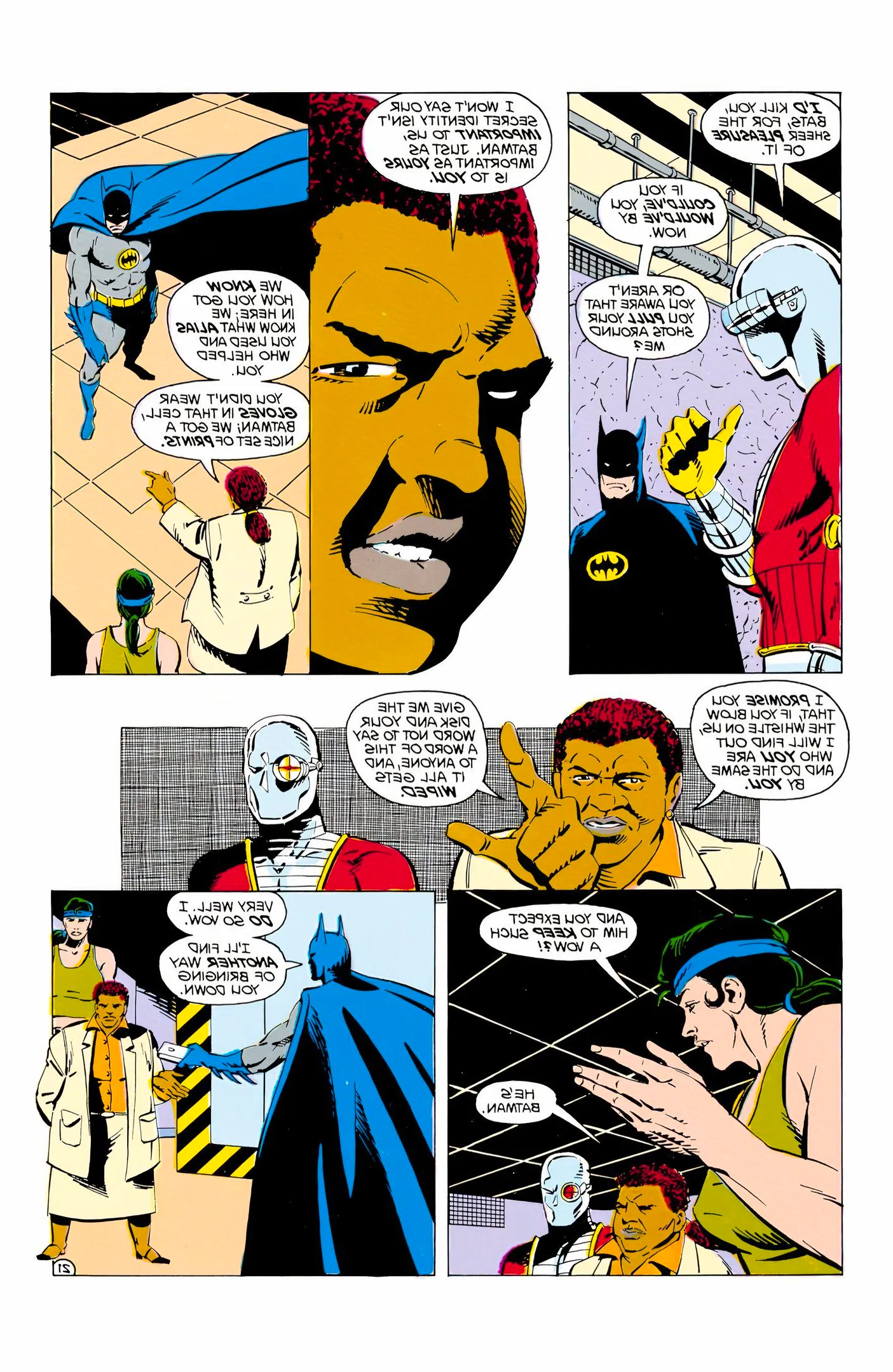 Comic book page: Amanda Waller confronts Batman with the Squad in Belle Reve. Image