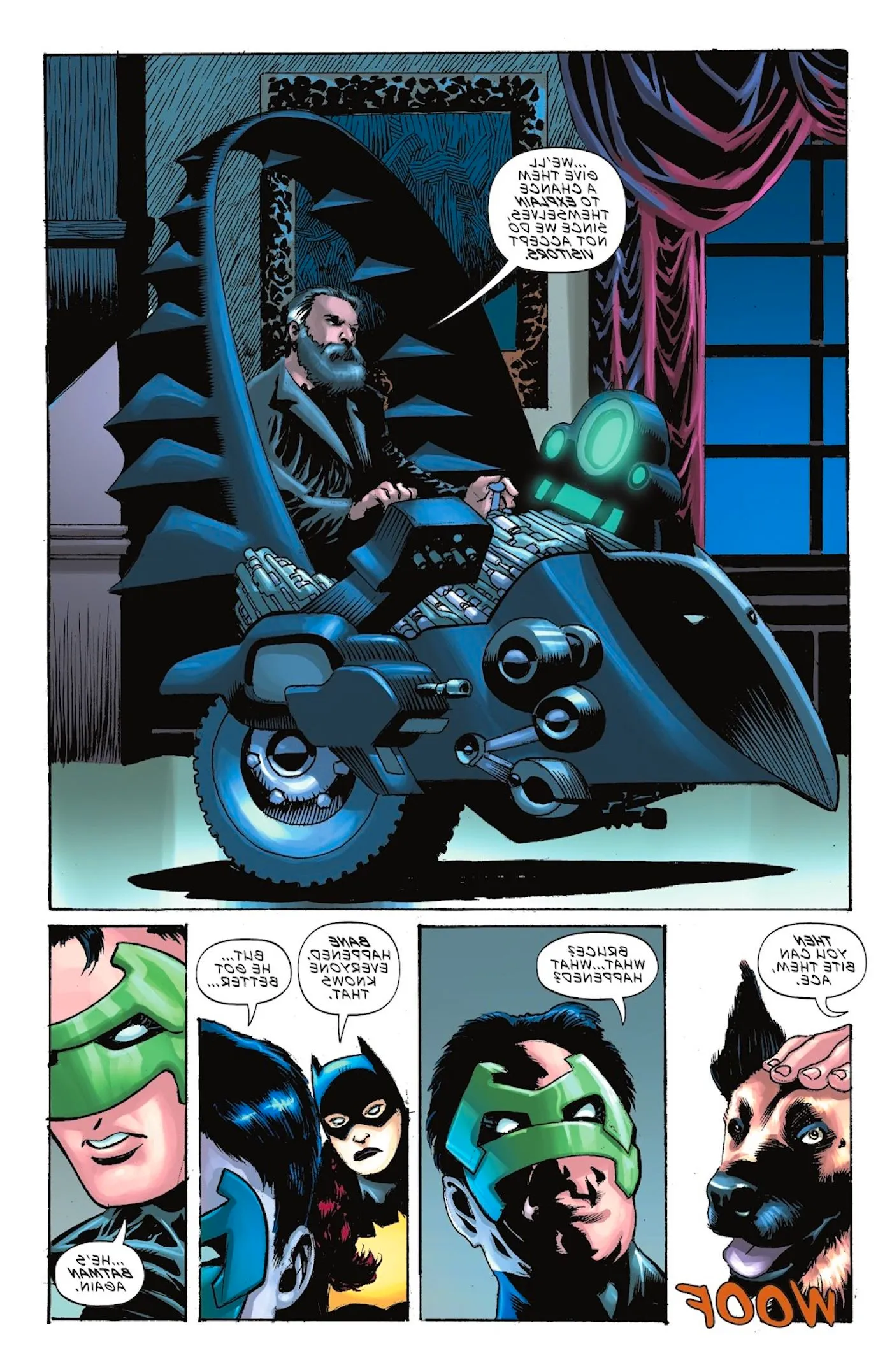 Comic book page: an old Bruce Wayne appears in a high tech wheelchair. Green Lantern Kyle Rayner and Batgirl talk about Bane breaking his back. Image