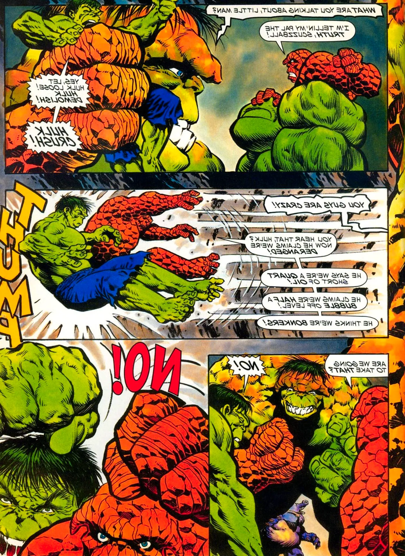 Comic book page: Banger McCrusher throws the Thing and the Hulk against a wall. Image