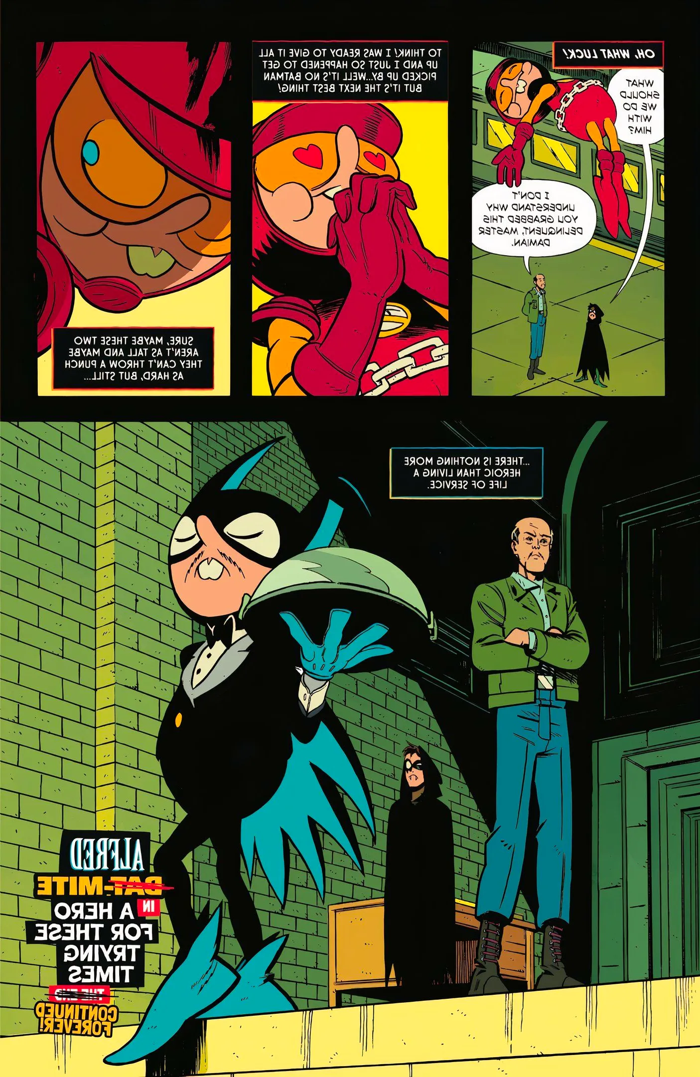 Comic book page: Bat-Mite Transforms Into Alfred-Mite Image