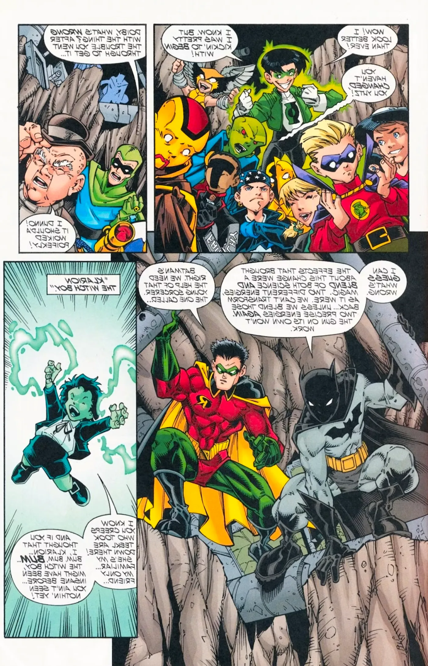 Comic book page: Batboy and Robin converse with a de-aged Justice League and Justice Society. Image