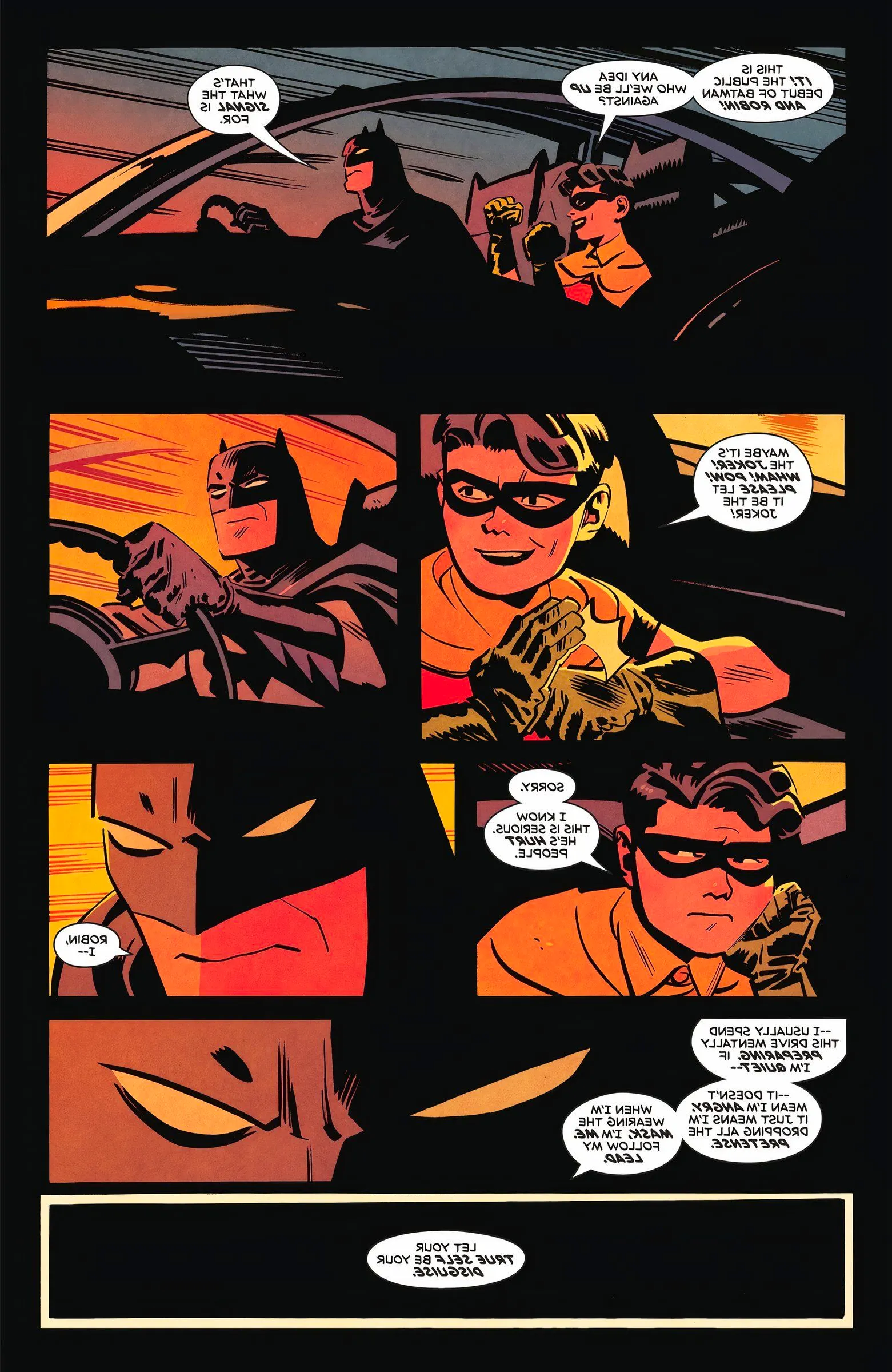 Comic book page: Batman and Robin discuss secret identities in the Batmobile. Image