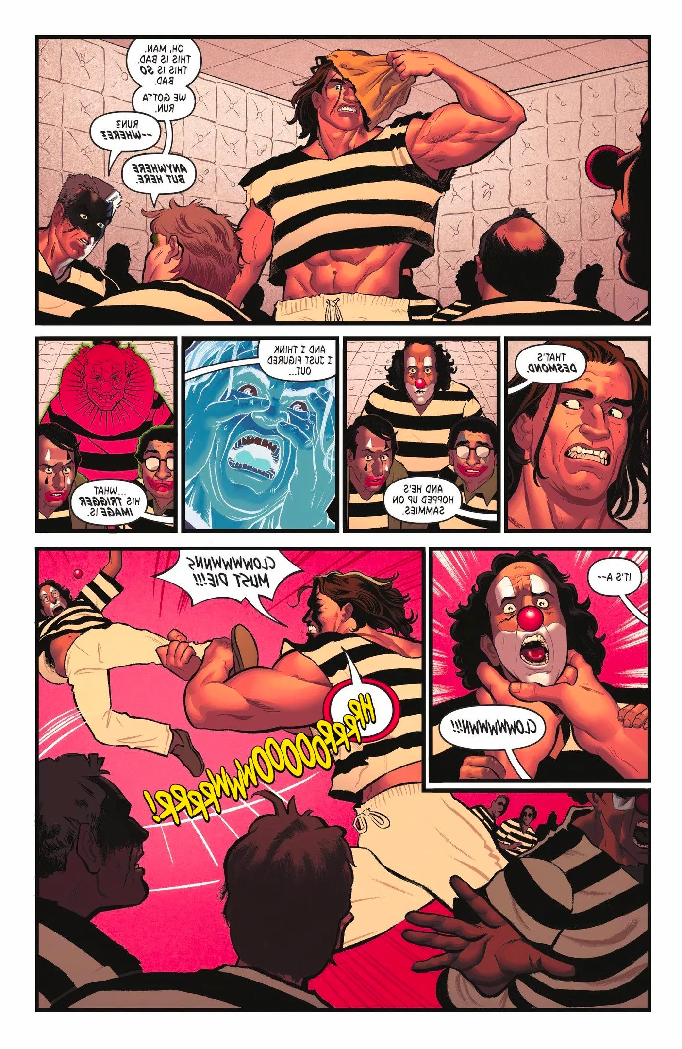 Comic book page: Blockbuster debuts in the Keatonverse to fight a clown. Image