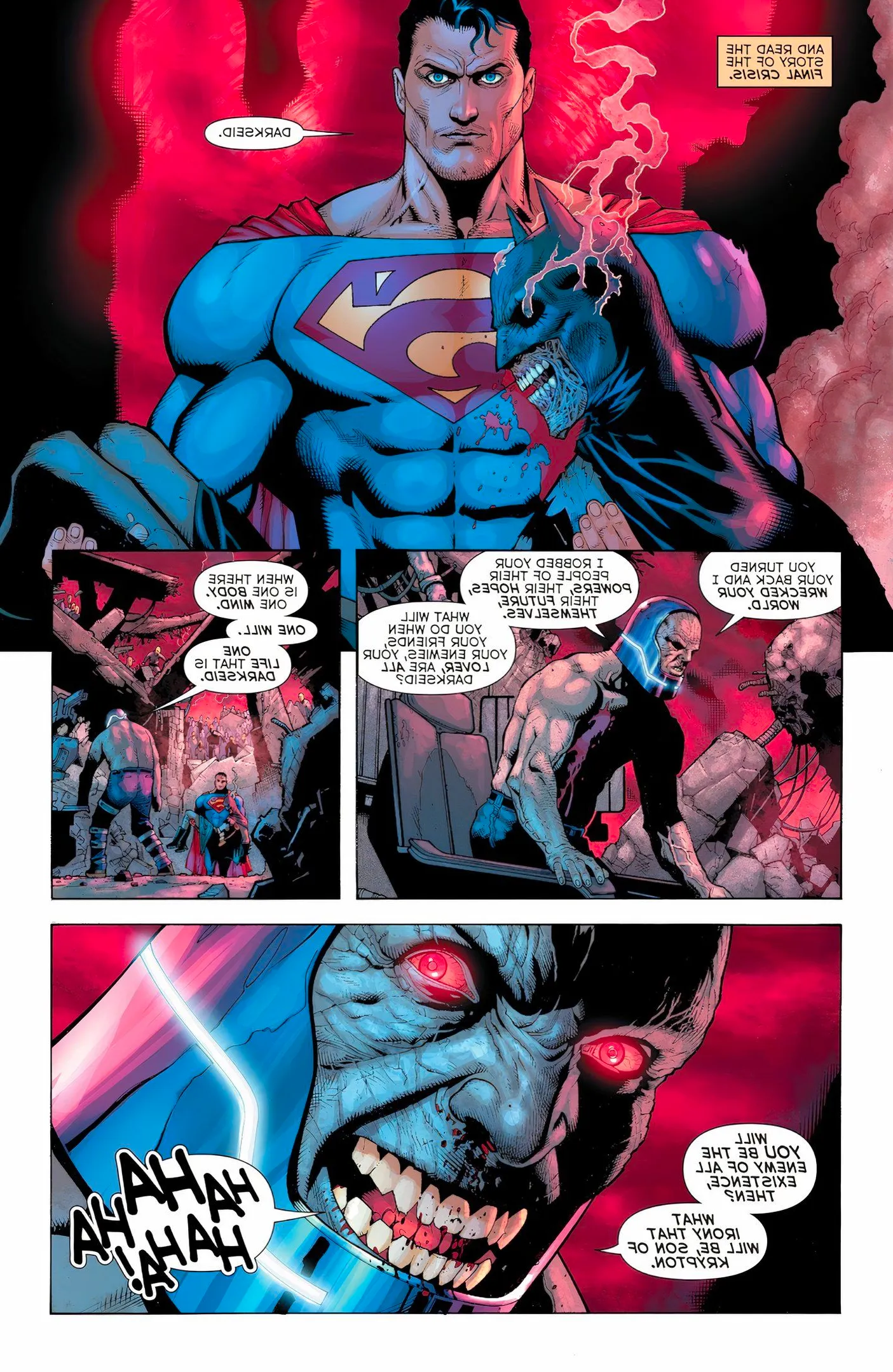 Comic book page: Darkseid asks what Superman will do when he becomes the enemy of humanity. Image