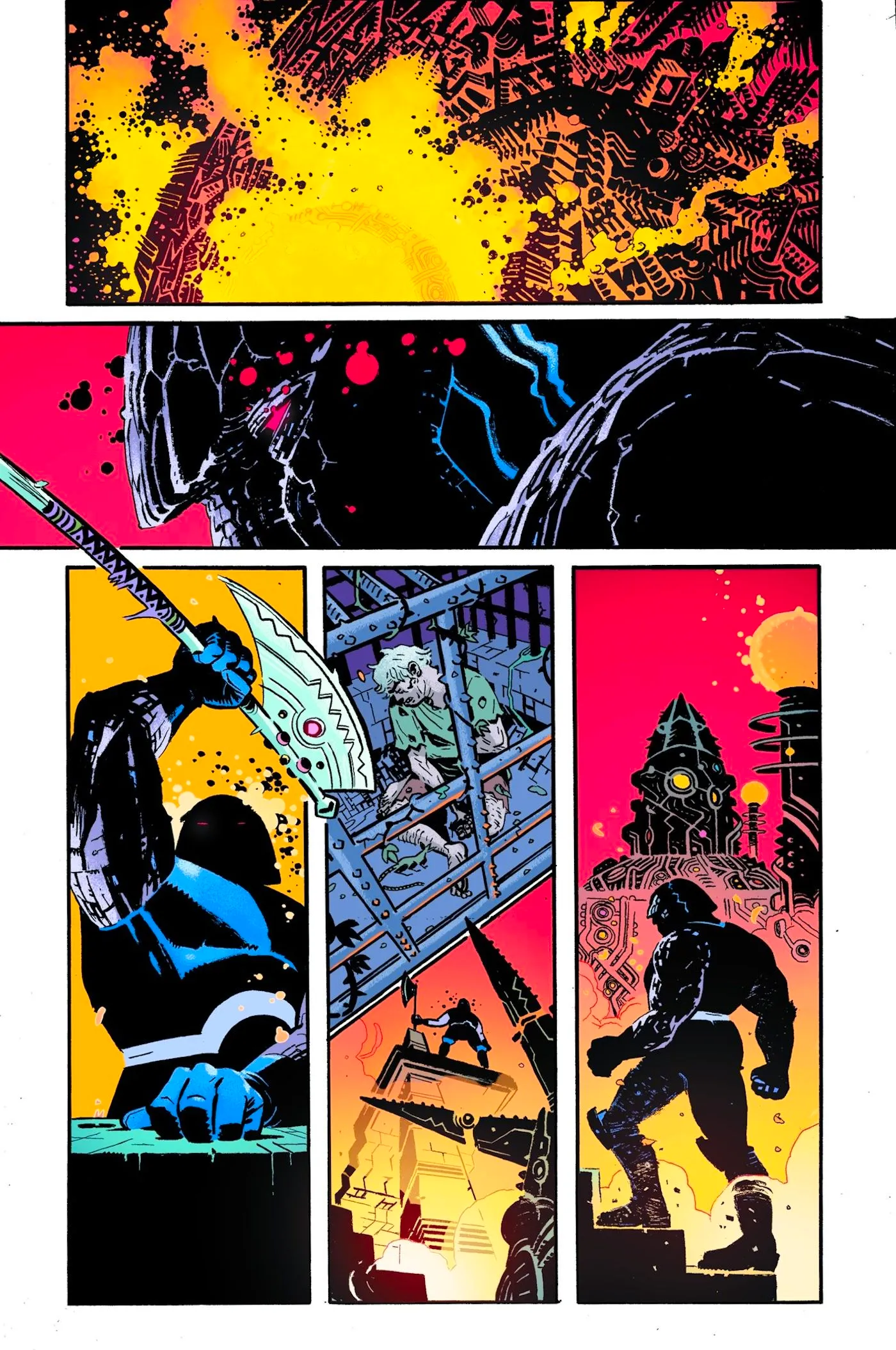 Comic book page: Darkseid chops off his own arm. Image