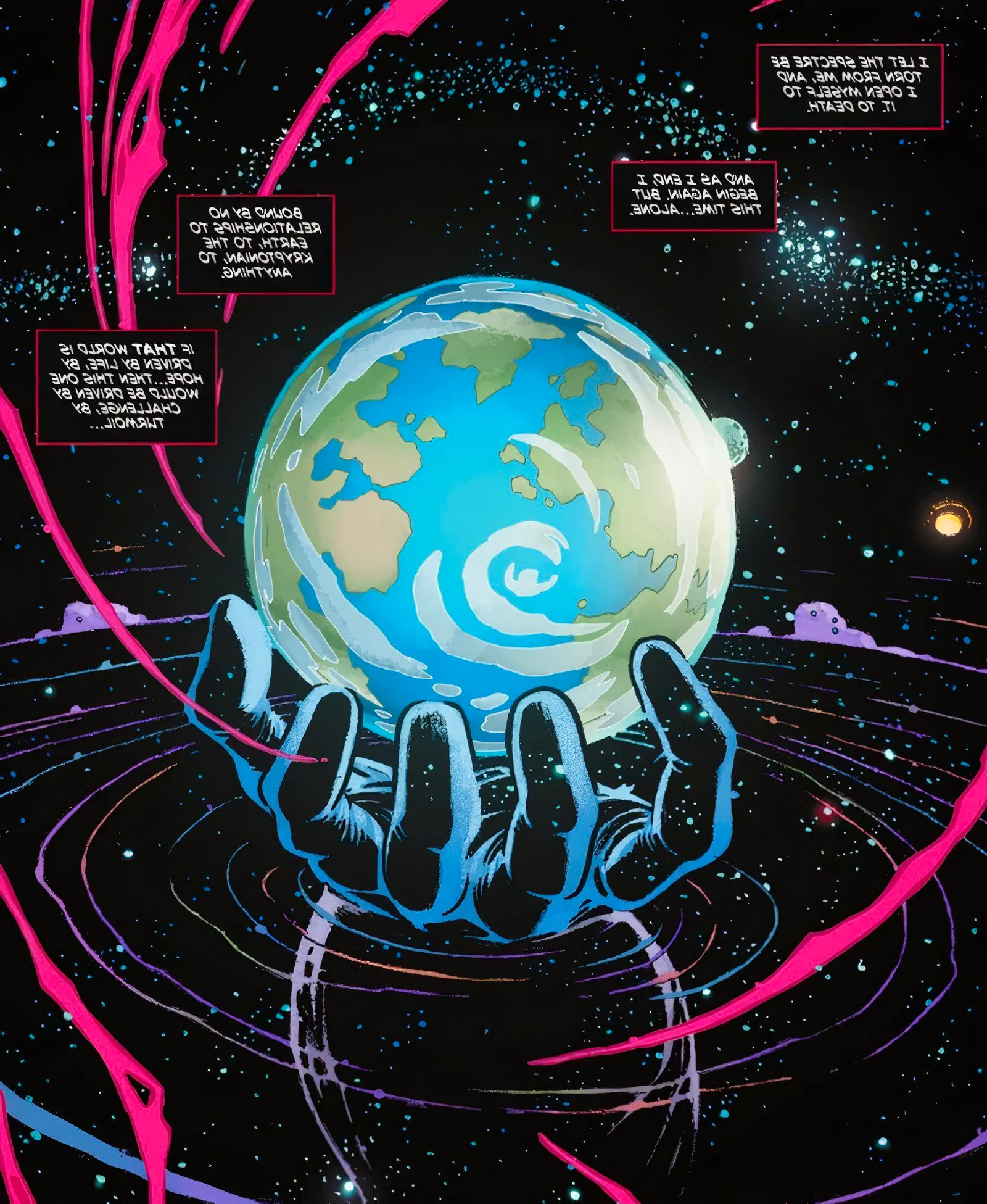 Comic book page: Darkseid holds the Absolute Universe Earth in a swirl of space. Image