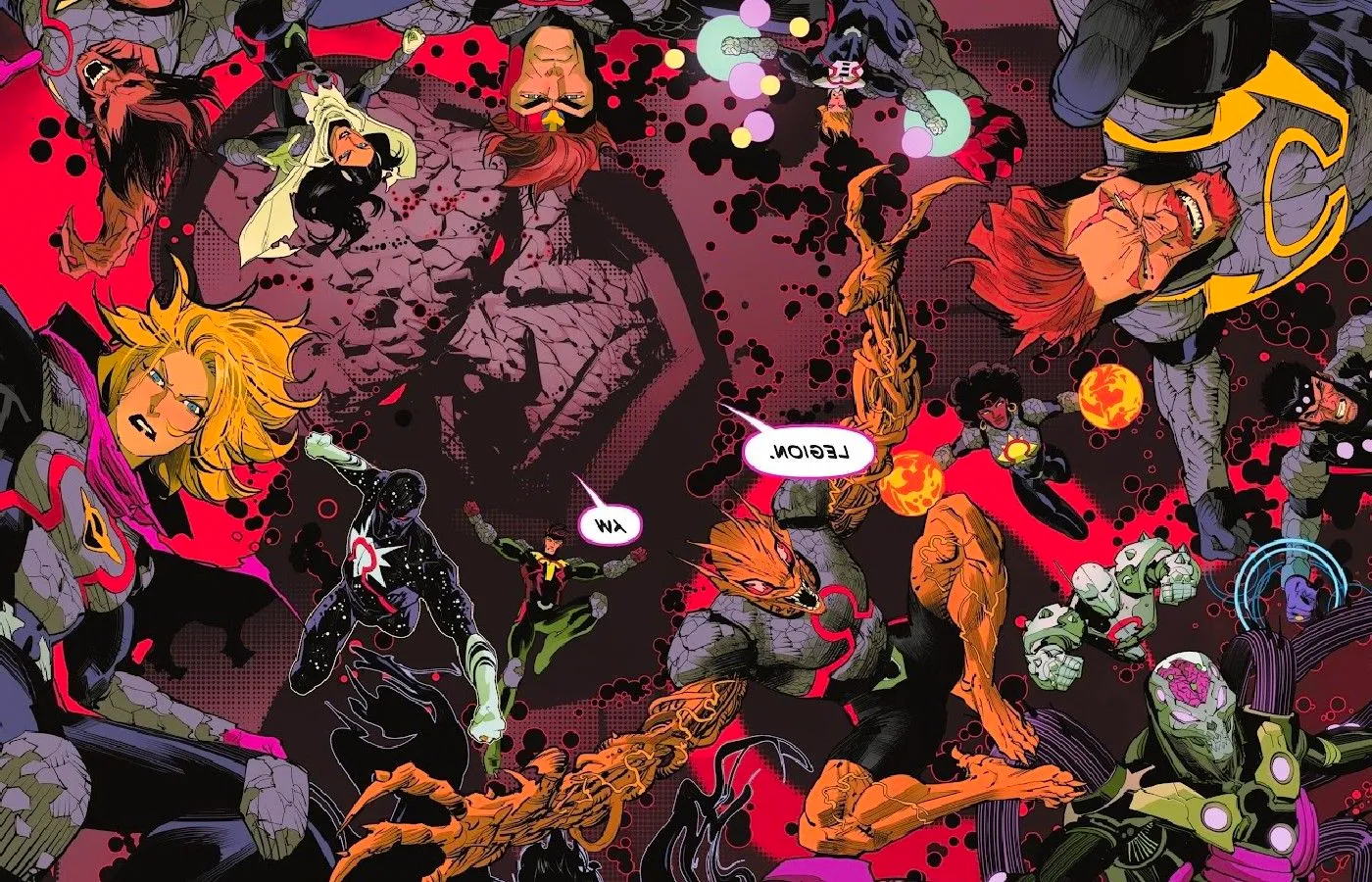 Comic book page: Darkseid looms behind his evil Legion of Super-Heroes. Image