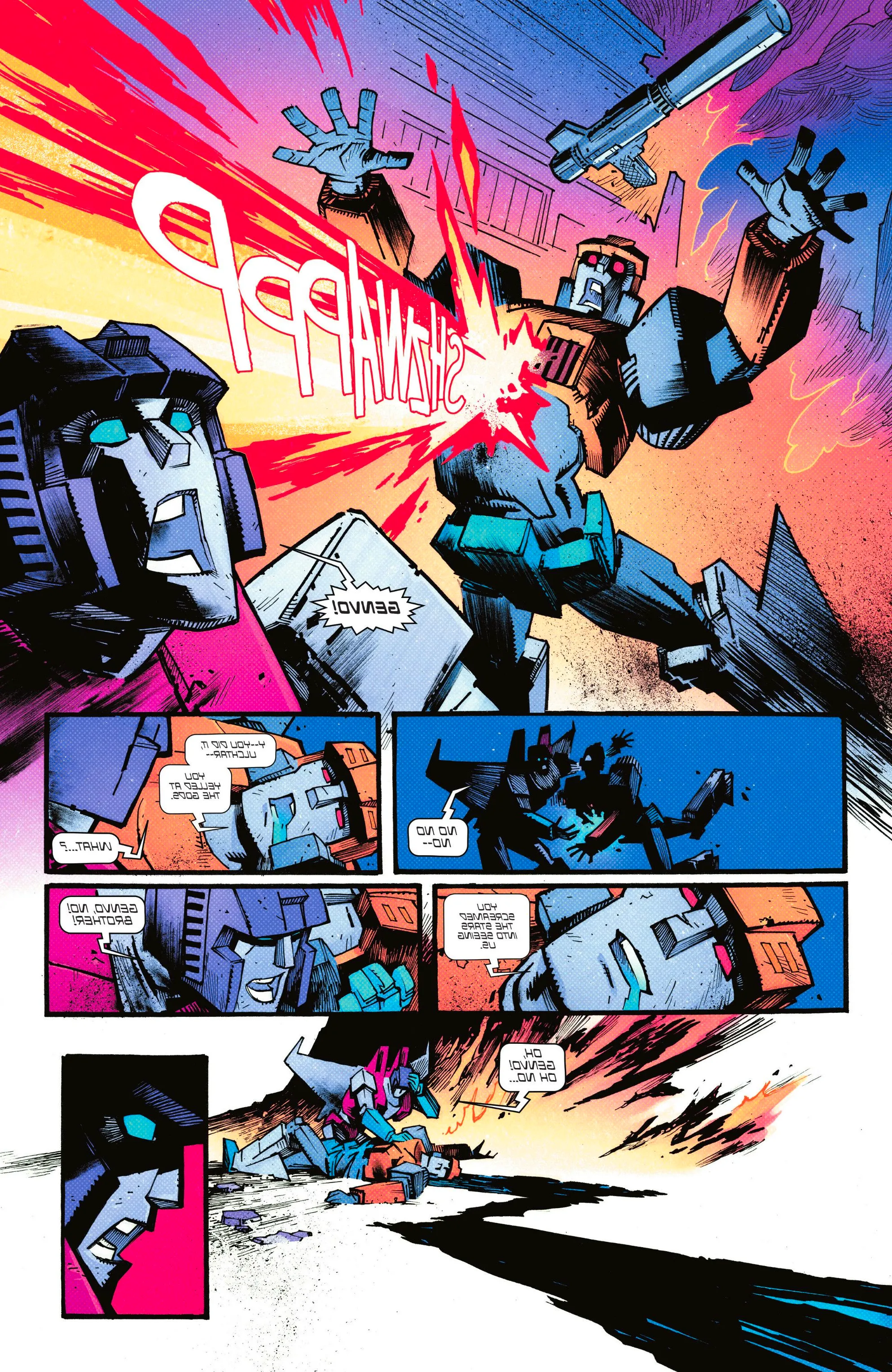 Comic book page: Genvo dies in front of Starscream. Image