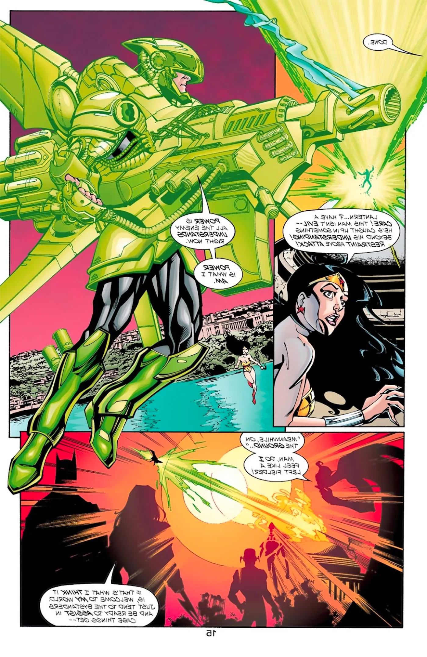 Comic book page: Green Lantern Kyle Rayner appears in a mech suit construct and starts blasting. Image