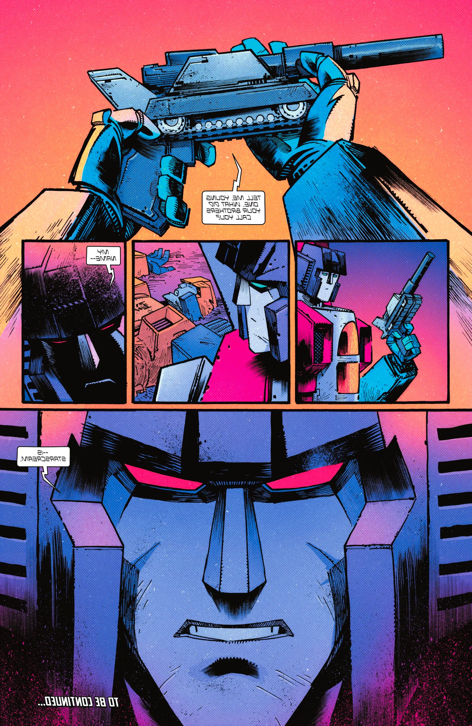 Comic book page: Holding Megatron in gun mode, Starscream declares his new name. Image