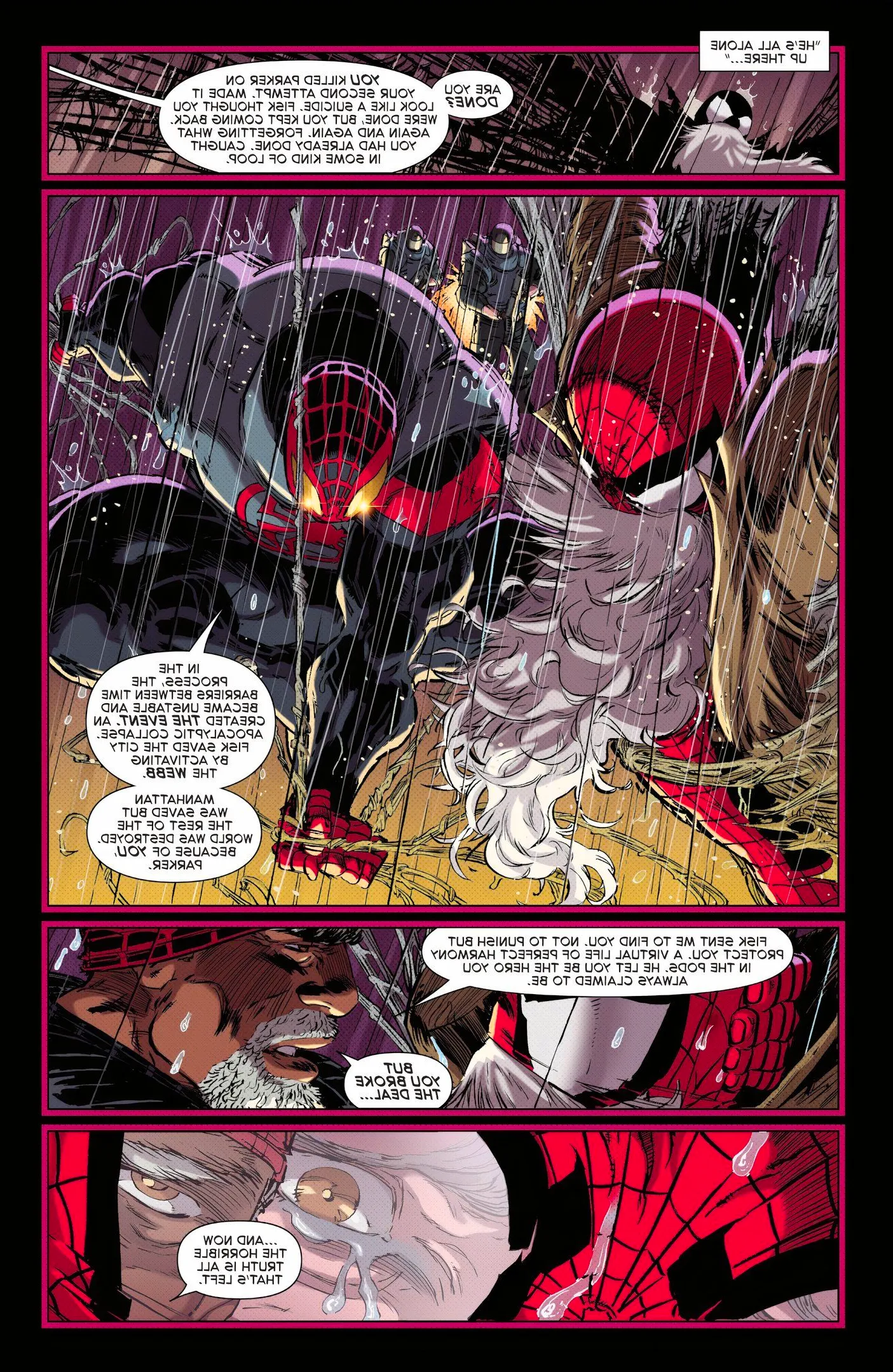 Comic book page: Miles Morales tells Peter Parker that he's the reason that the world ended. Image