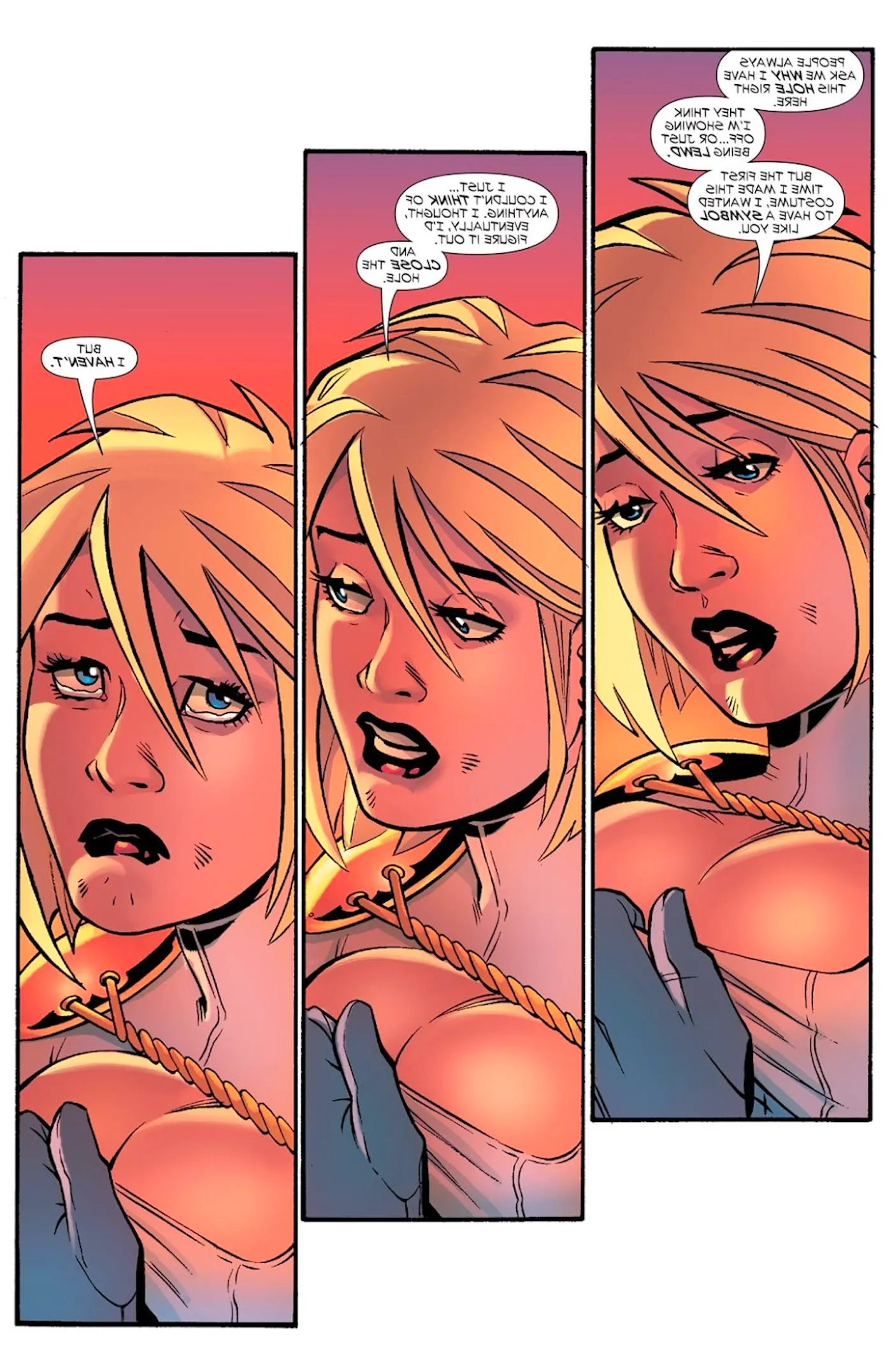 Comic book page: Power Girl looks sad as she explains her costume. Image