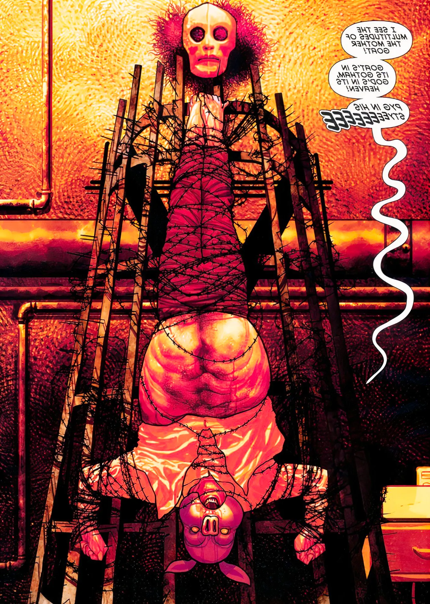 Comic book page: Professor Pyg hangs upside down from his wire mother. Image