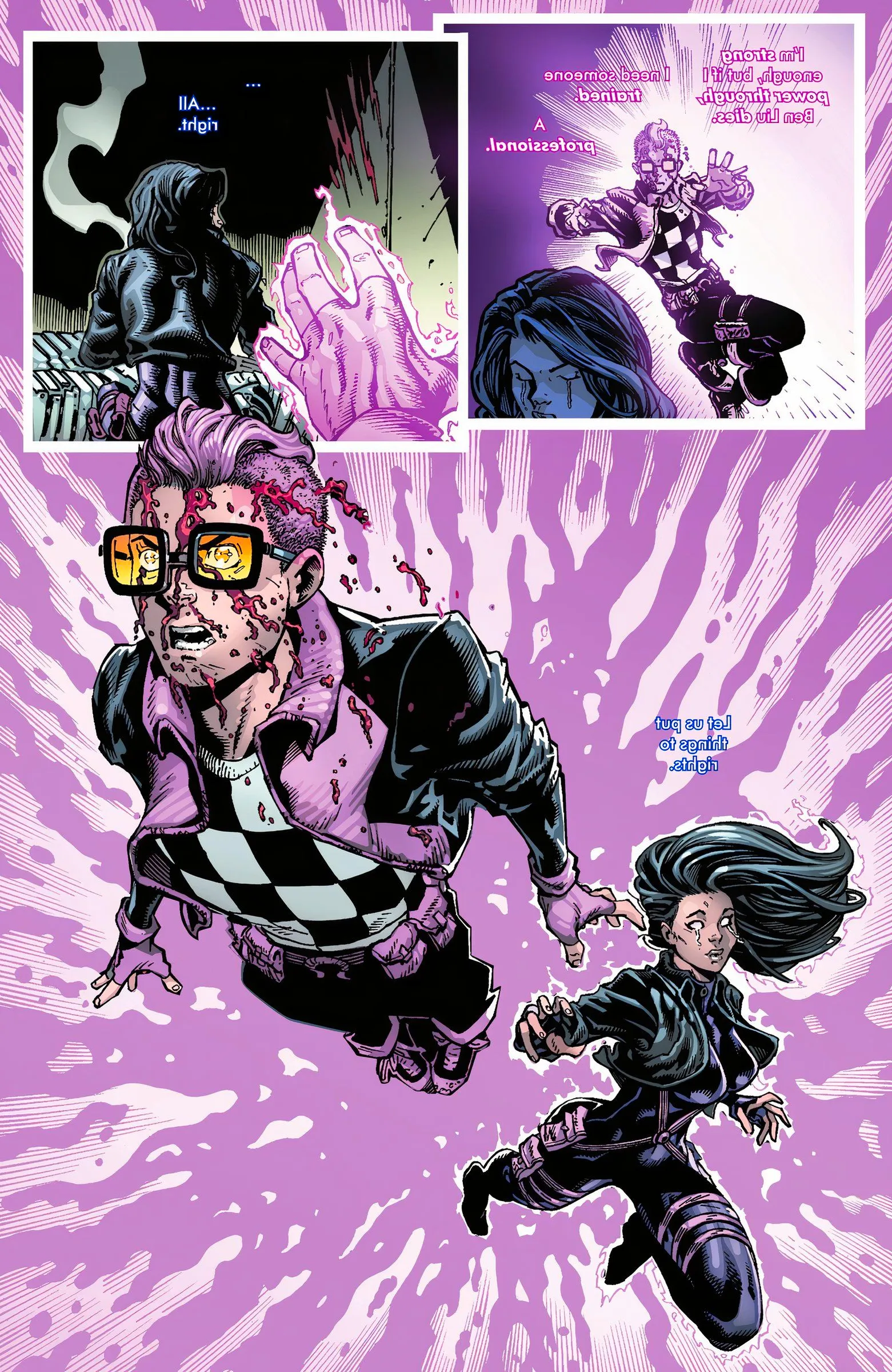 Comic book page: Psylocke and Kid Omega break Cassandra Nova's trap. Image