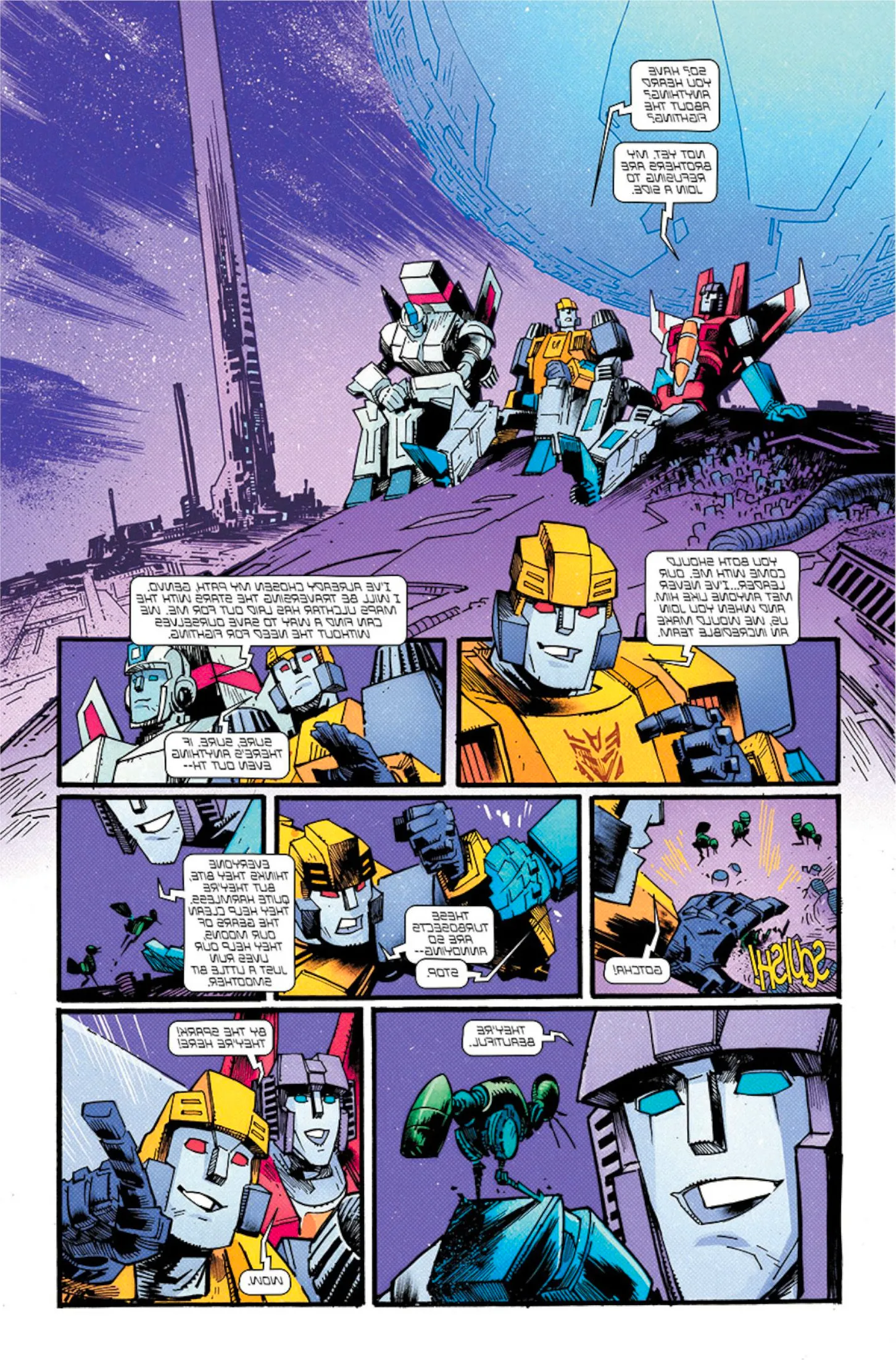 Comic book page: Starscream, Jetfire & Genvo sit on a hill together. Image