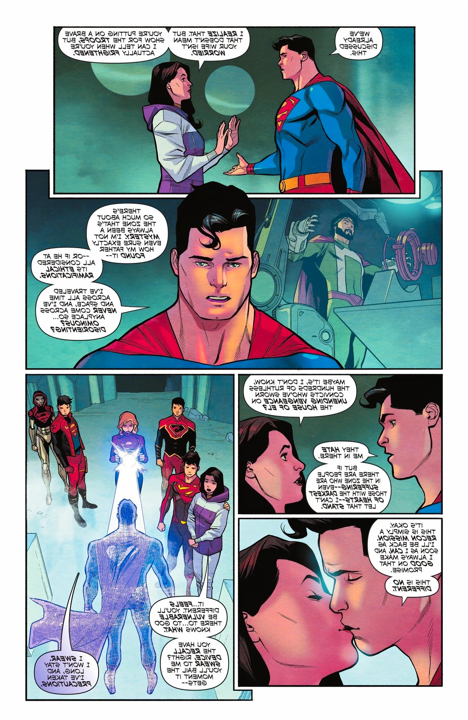 Comic book page: Superman and Lois Lane discuss the Phantom Zone in the Fortress of Solitude. Image