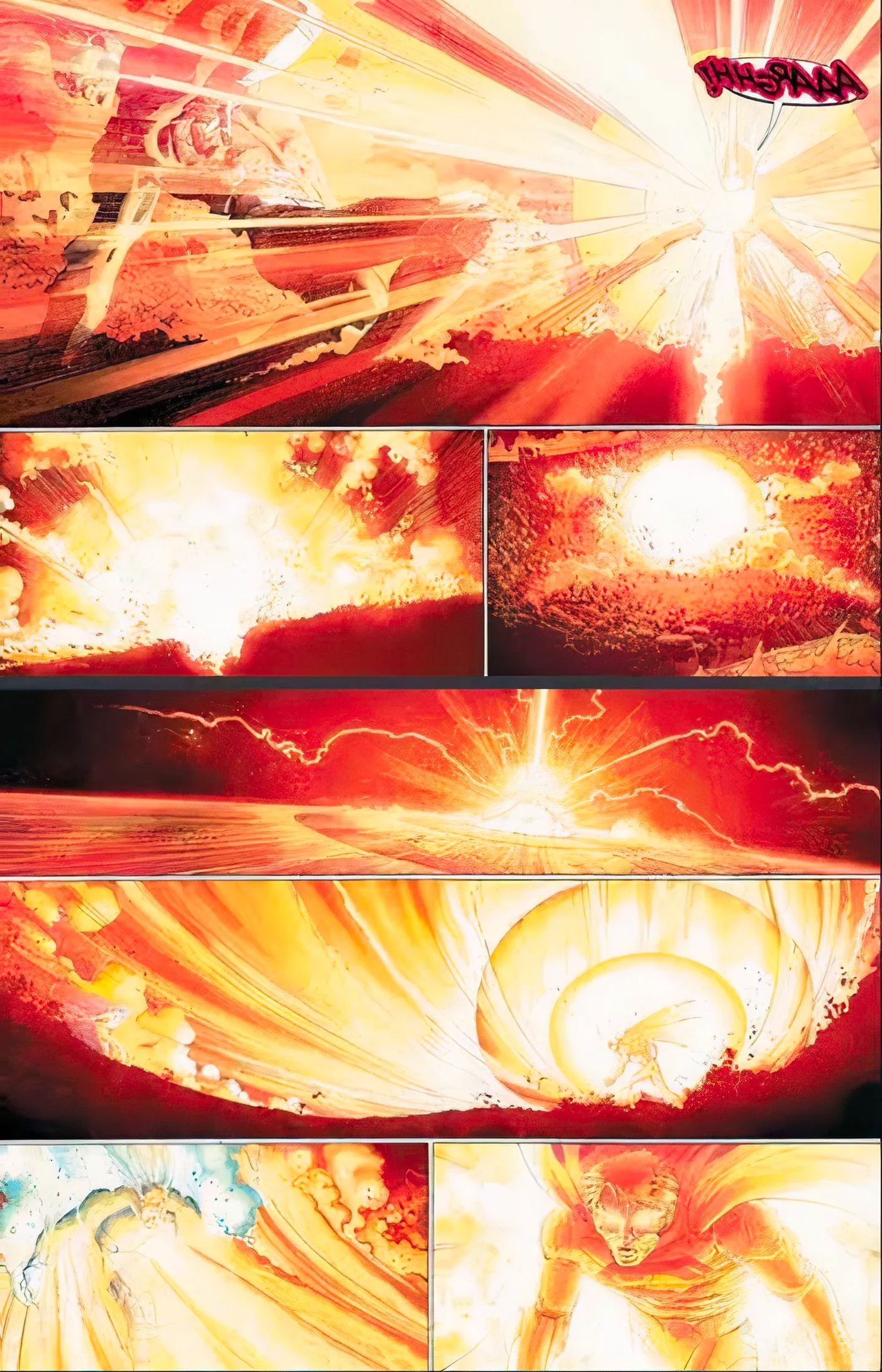 Comic book page: Superman unleashes all of his energy in a solar flare attack. Image