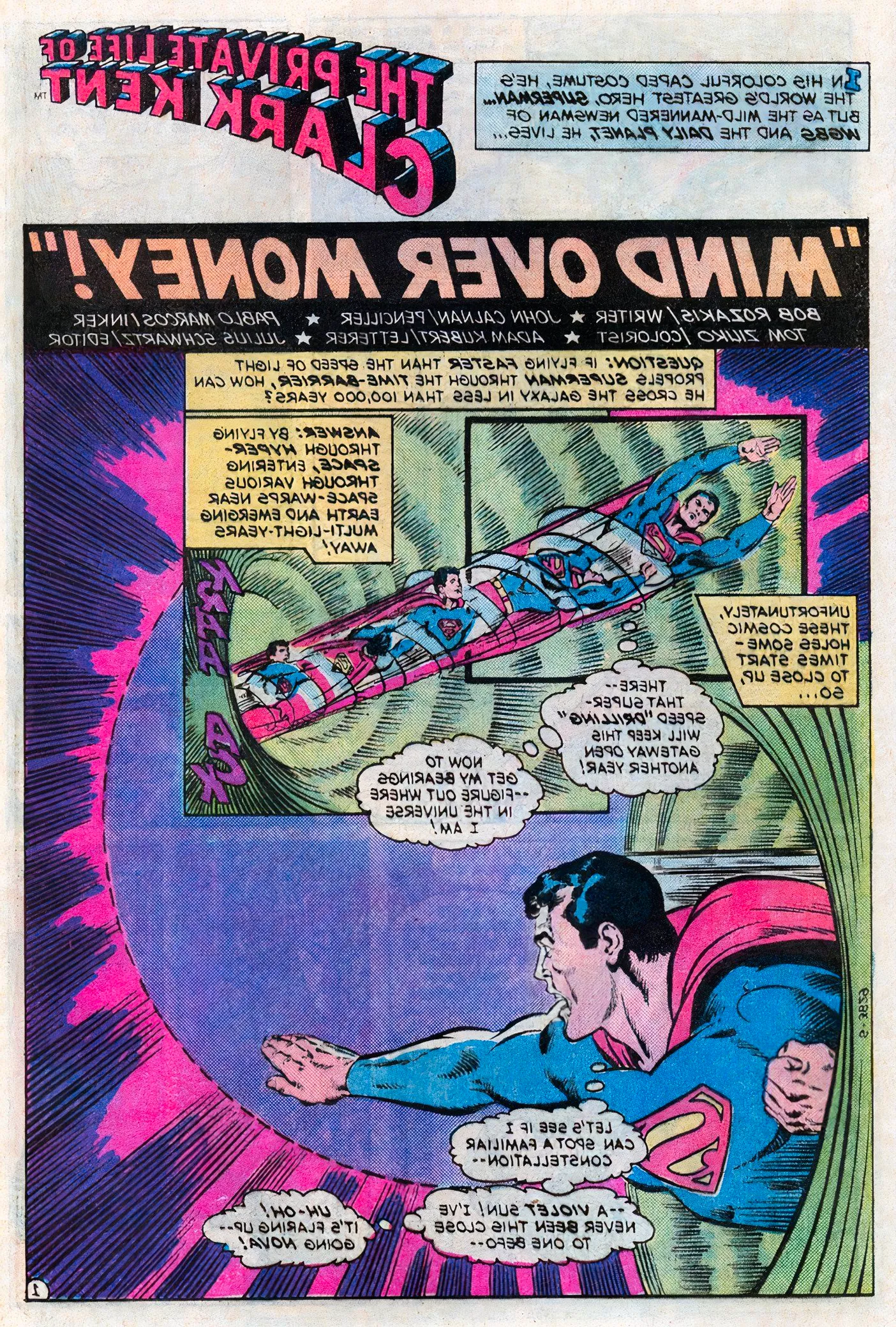 Comic book page: Superman witnesses the explosion of a purple sun. Image