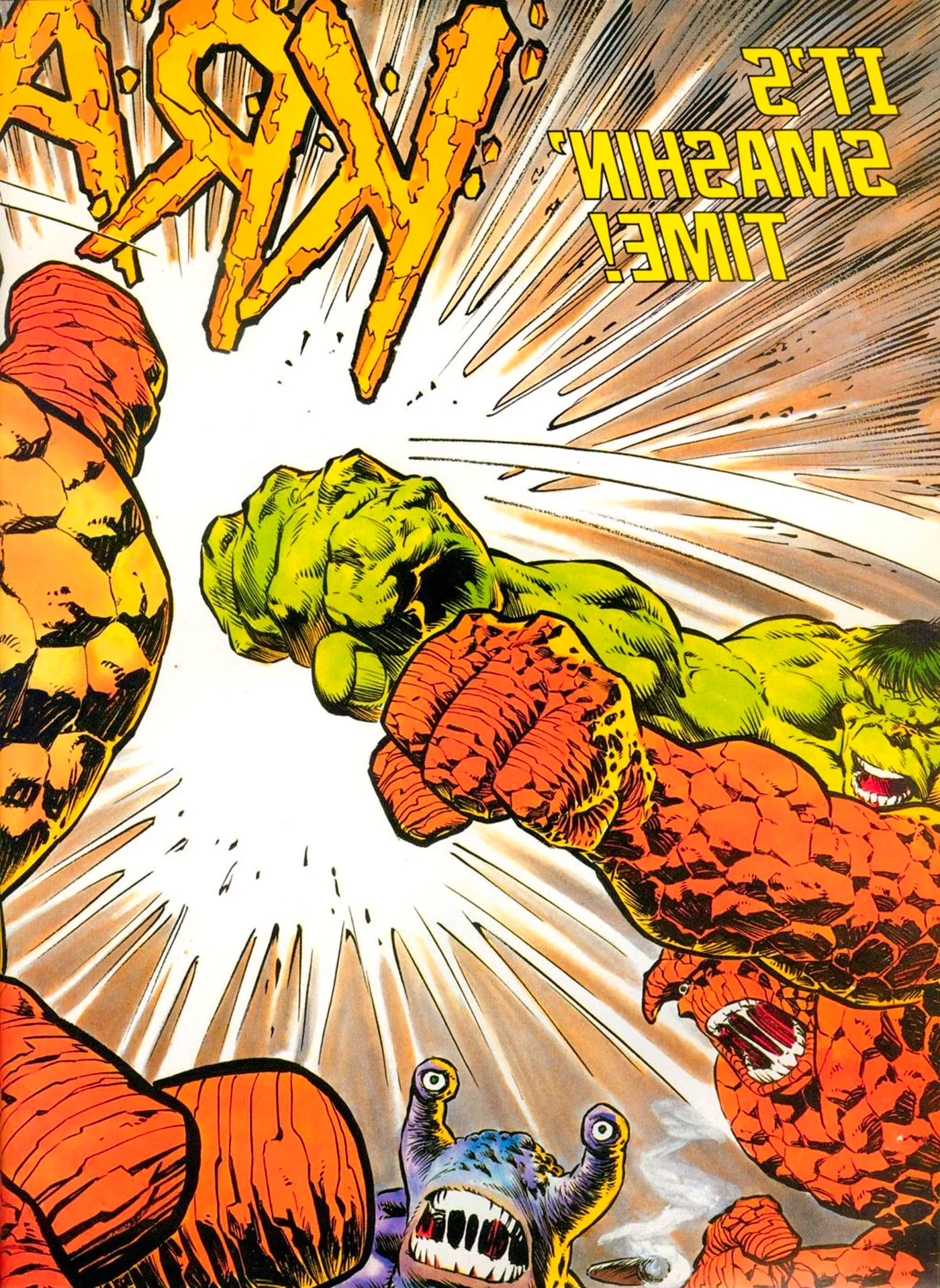 Comic book page: the Hulk and the Thing defeat Basher McCrusher. Image